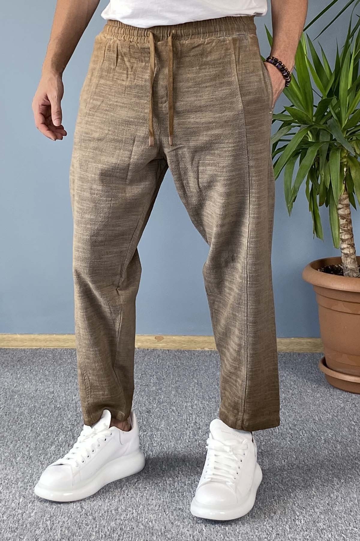  Havuç Kesim Keten Pantolon Bağcıklı Beli Lastikli Bilek Boy