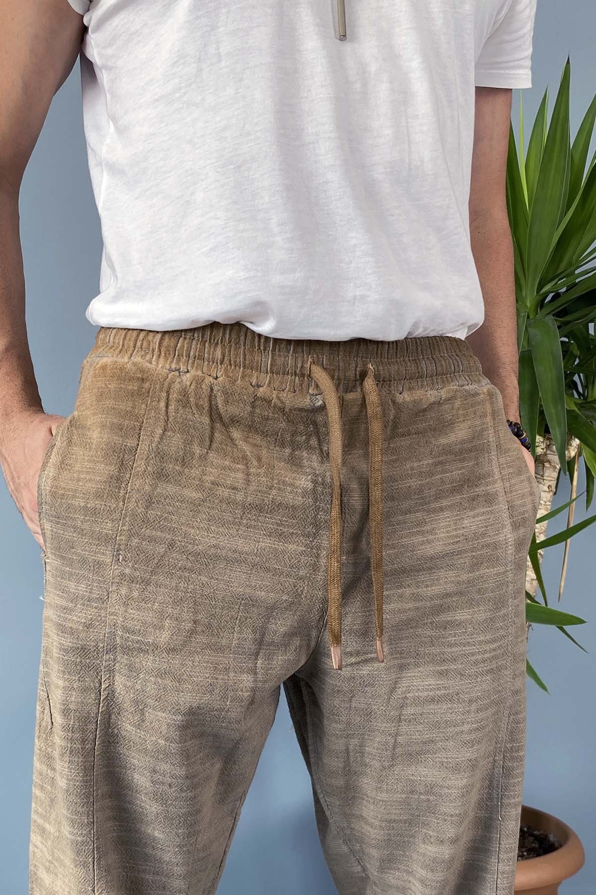  Havuç Kesim Keten Pantolon Bağcıklı Beli Lastikli Bilek Boy