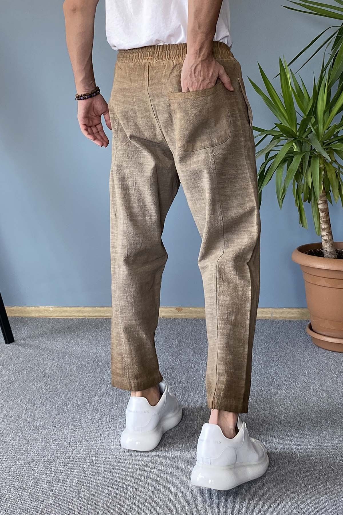  Havuç Kesim Keten Pantolon Bağcıklı Beli Lastikli Bilek Boy