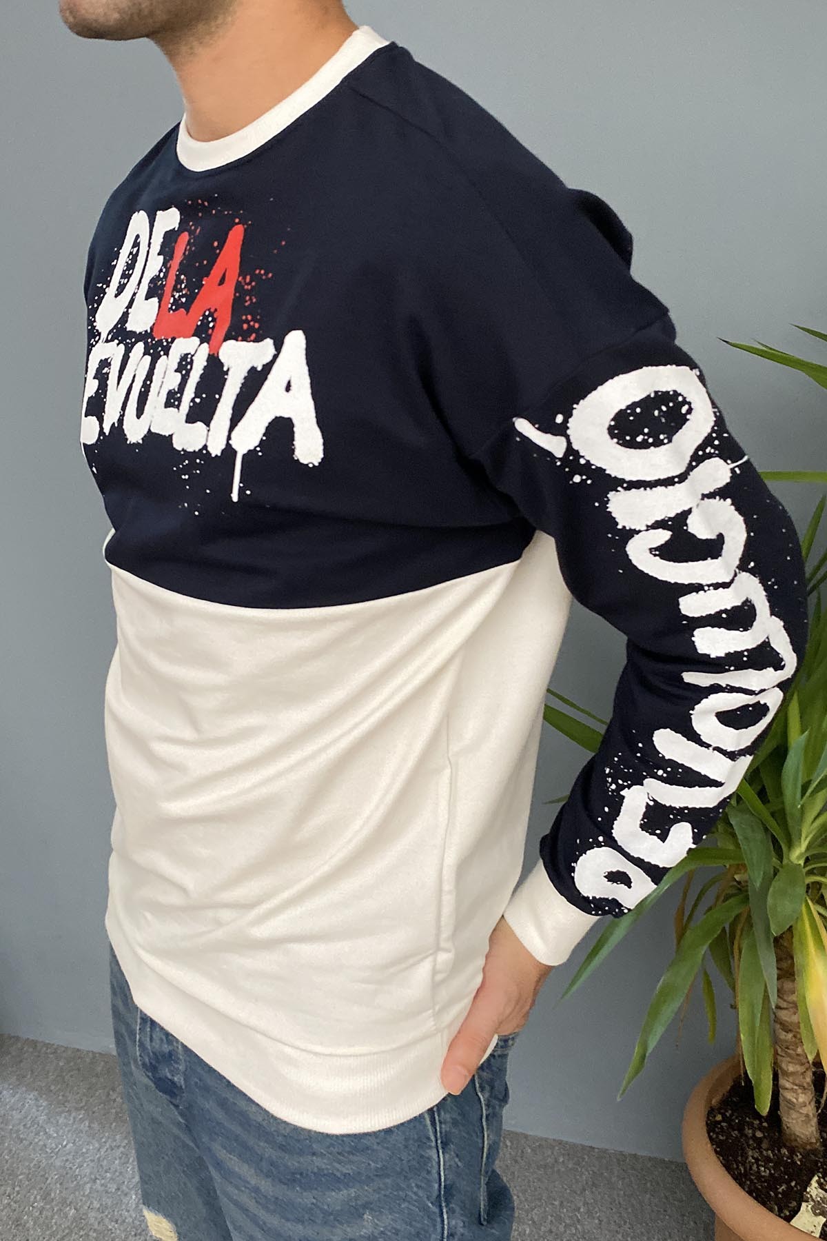  Baskılı Lacivert Bisiklet Yaka Oversize İnce Sweatshirt