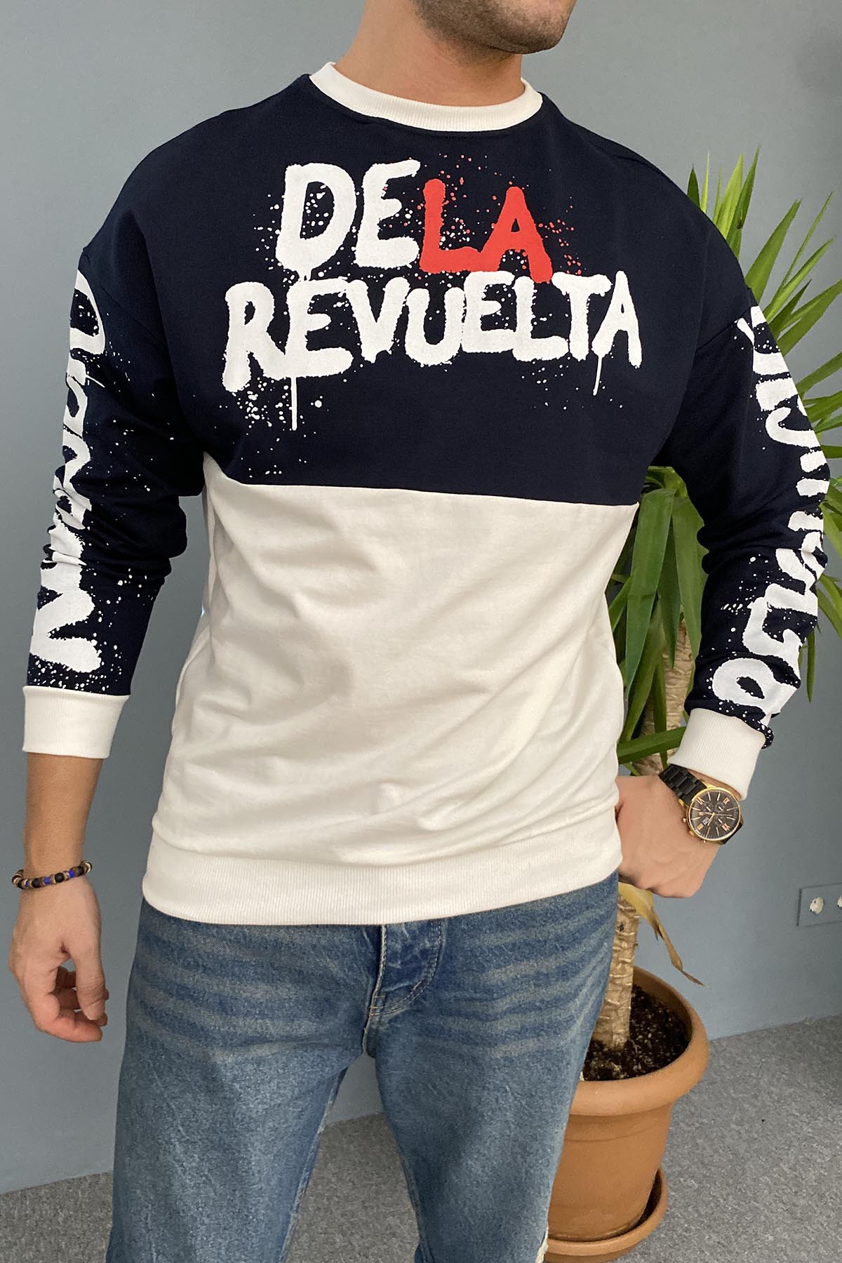  Baskılı Lacivert Bisiklet Yaka Oversize İnce Sweatshirt