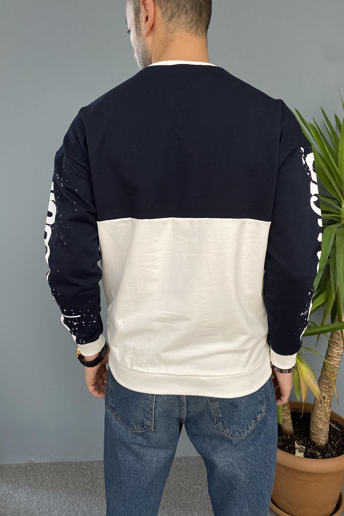  Baskılı Lacivert Bisiklet Yaka Oversize İnce Sweatshirt