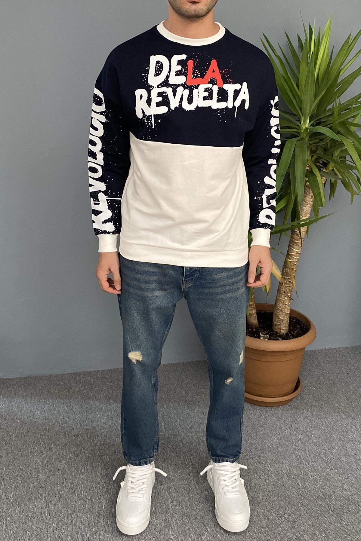  Baskılı Lacivert Bisiklet Yaka Oversize İnce Sweatshirt