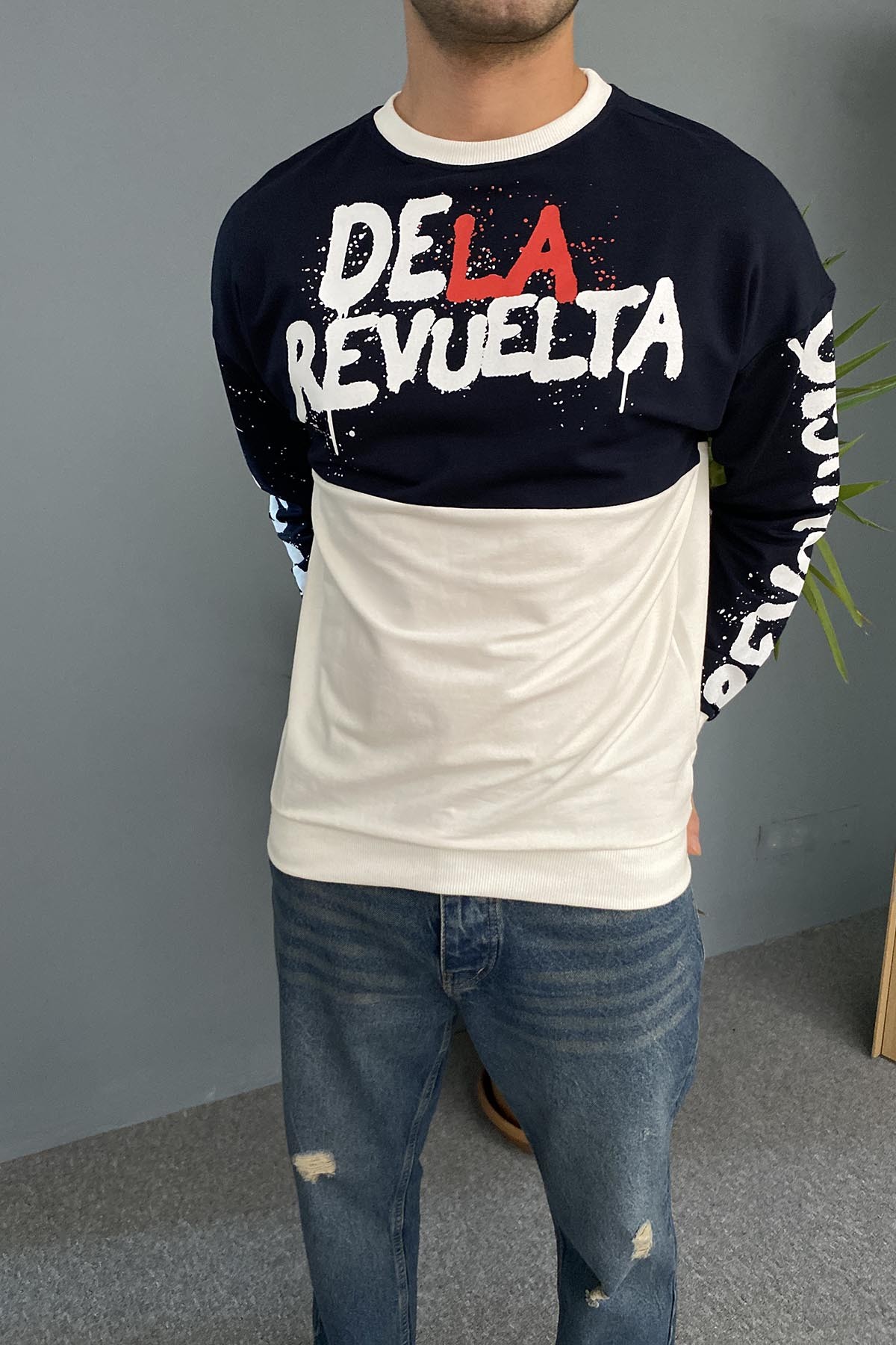  Baskılı Lacivert Bisiklet Yaka Oversize İnce Sweatshirt