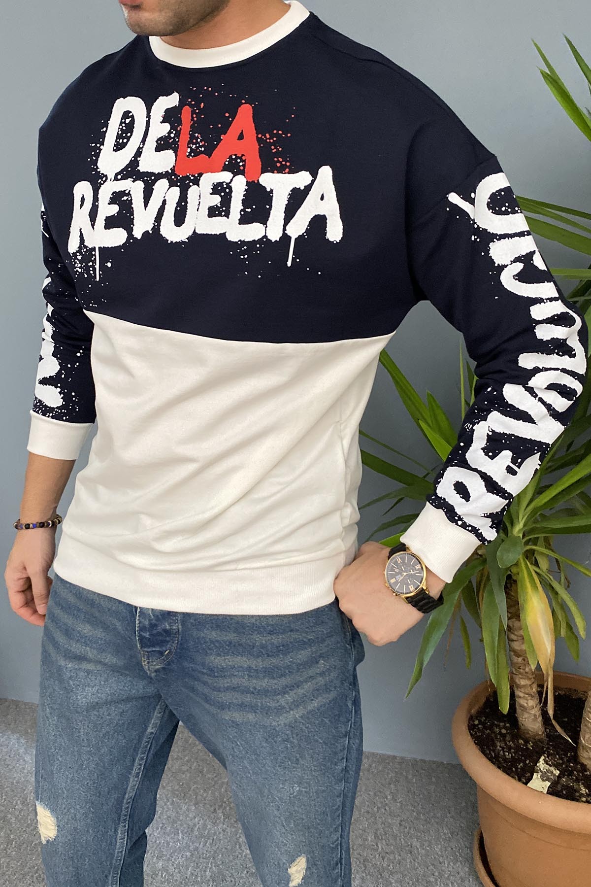  Baskılı Lacivert Bisiklet Yaka Oversize İnce Sweatshirt