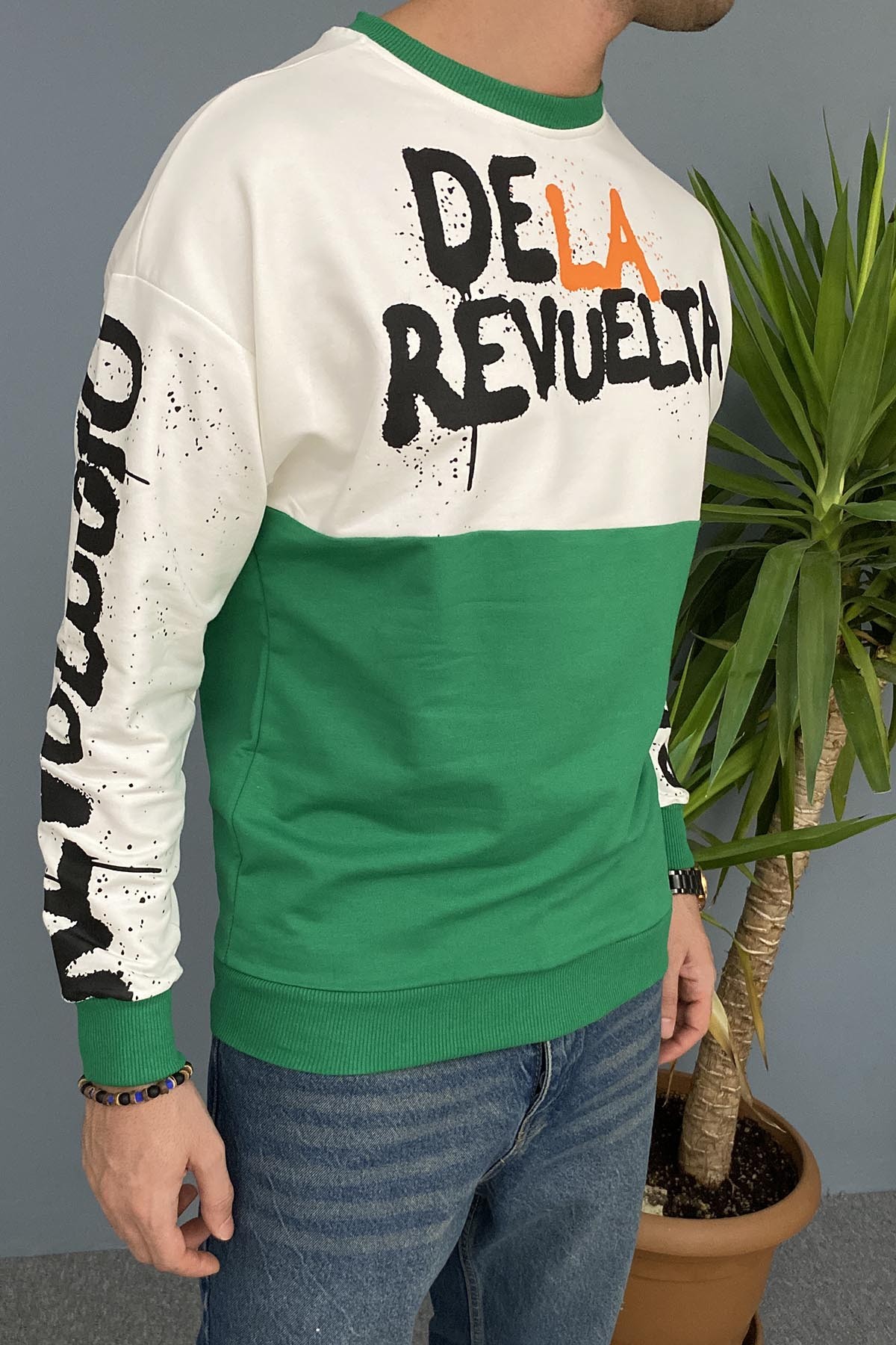  Baskılı Yeşil Bisiklet Yaka Oversize İnce Sweatshirt