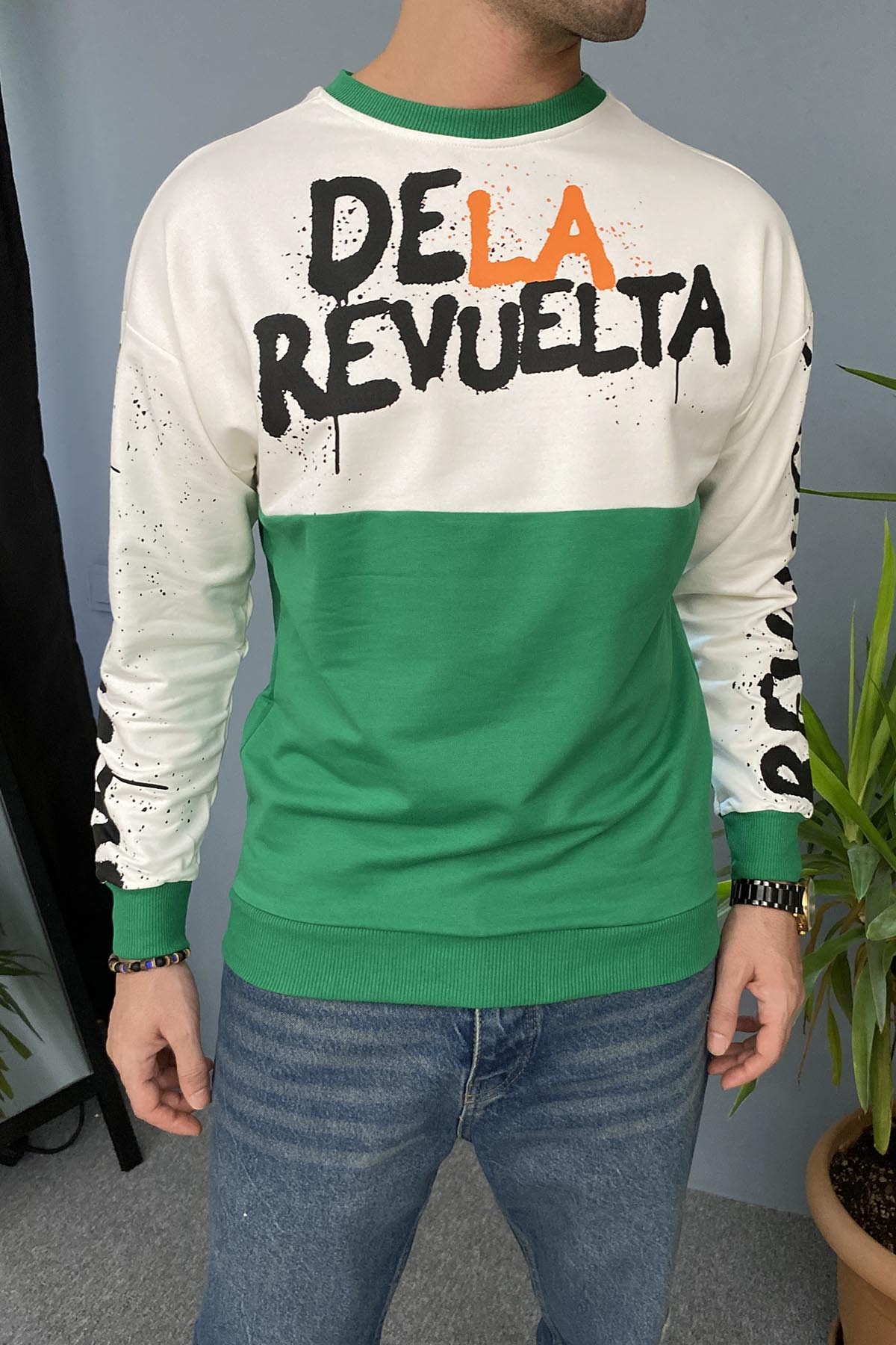  Baskılı Yeşil Bisiklet Yaka Oversize İnce Sweatshirt