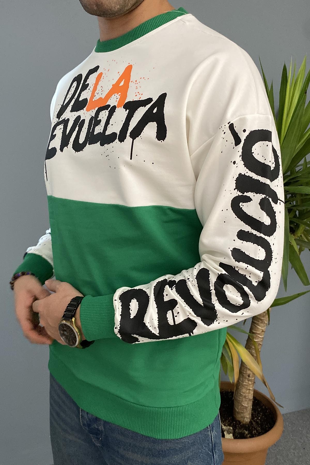  Baskılı Yeşil Bisiklet Yaka Oversize İnce Sweatshirt