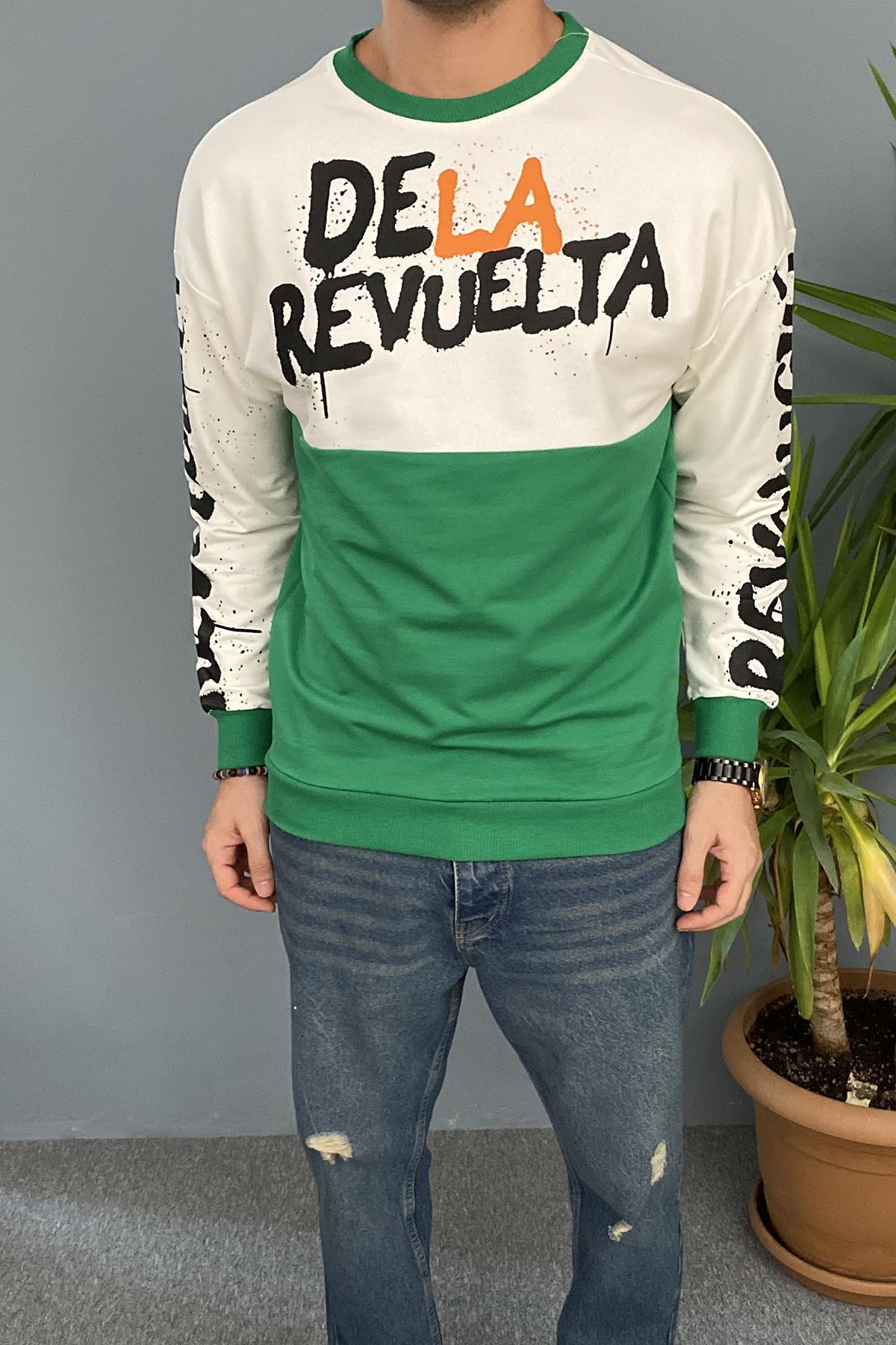 Baskılı Yeşil Bisiklet Yaka Oversize İnce Sweatshirt