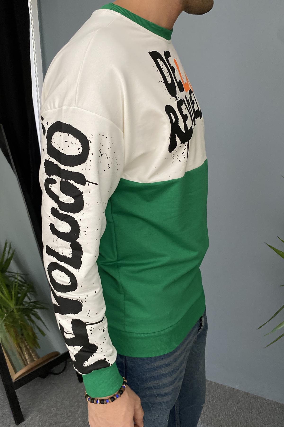  Baskılı Yeşil Bisiklet Yaka Oversize İnce Sweatshirt
