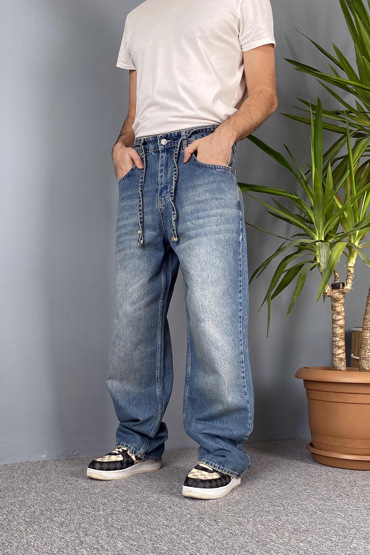  İp Kemerli Rahat Kesim Baggy Kot Pantolon Mavi