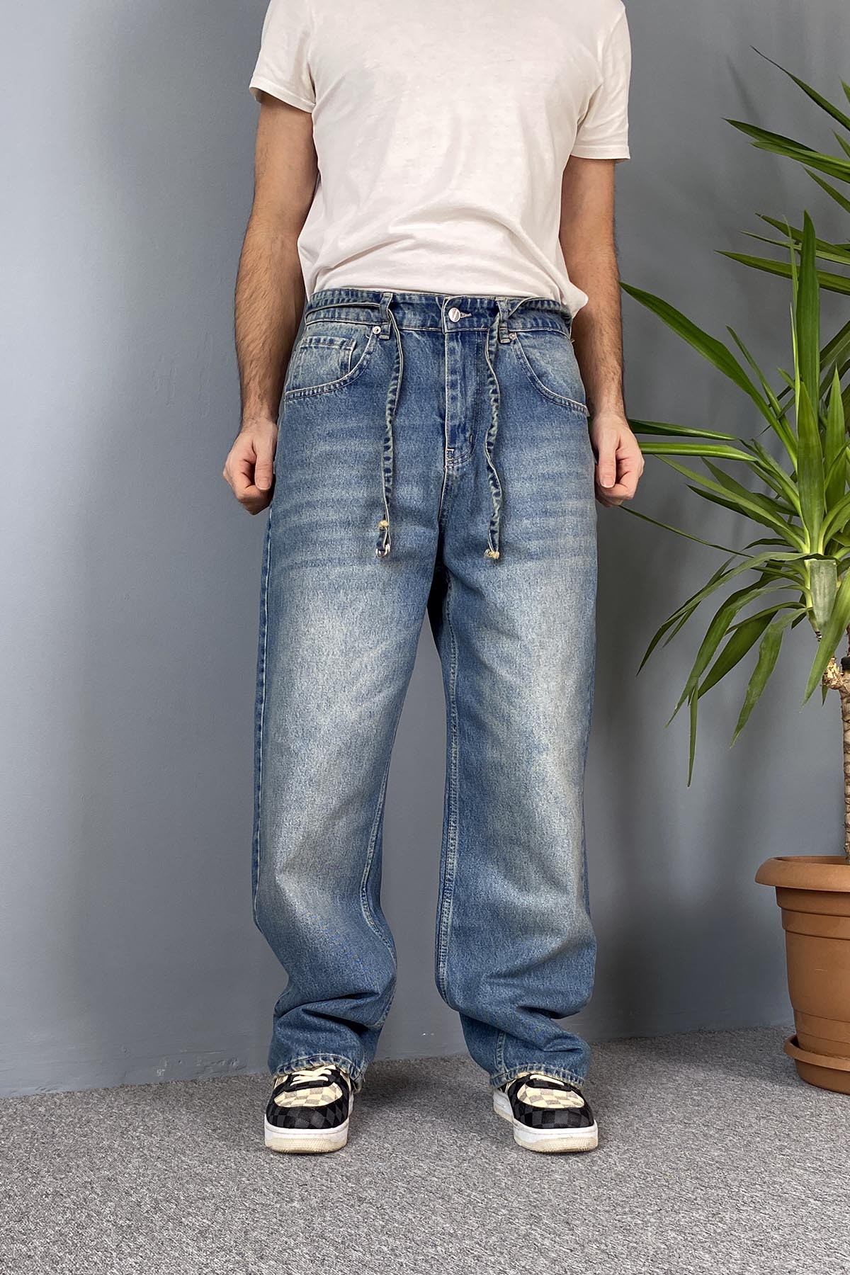  İp Kemerli Rahat Kesim Baggy Kot Pantolon Mavi
