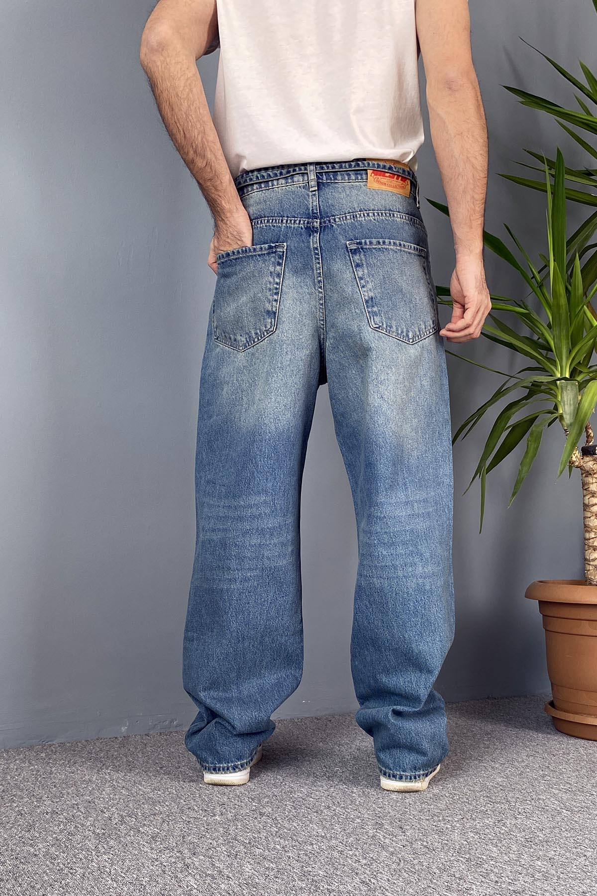  İp Kemerli Rahat Kesim Baggy Kot Pantolon Mavi