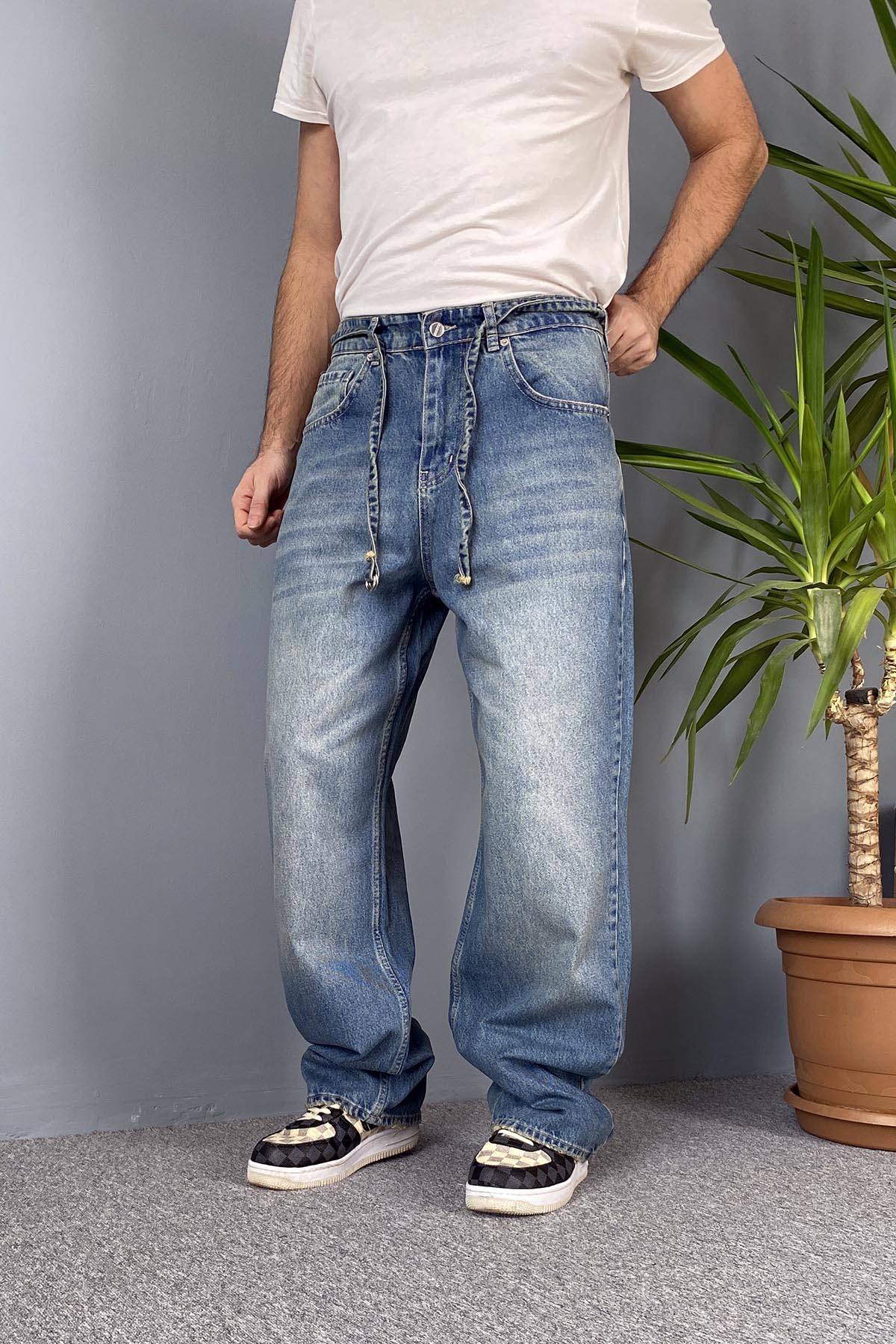  İp Kemerli Rahat Kesim Baggy Kot Pantolon Mavi