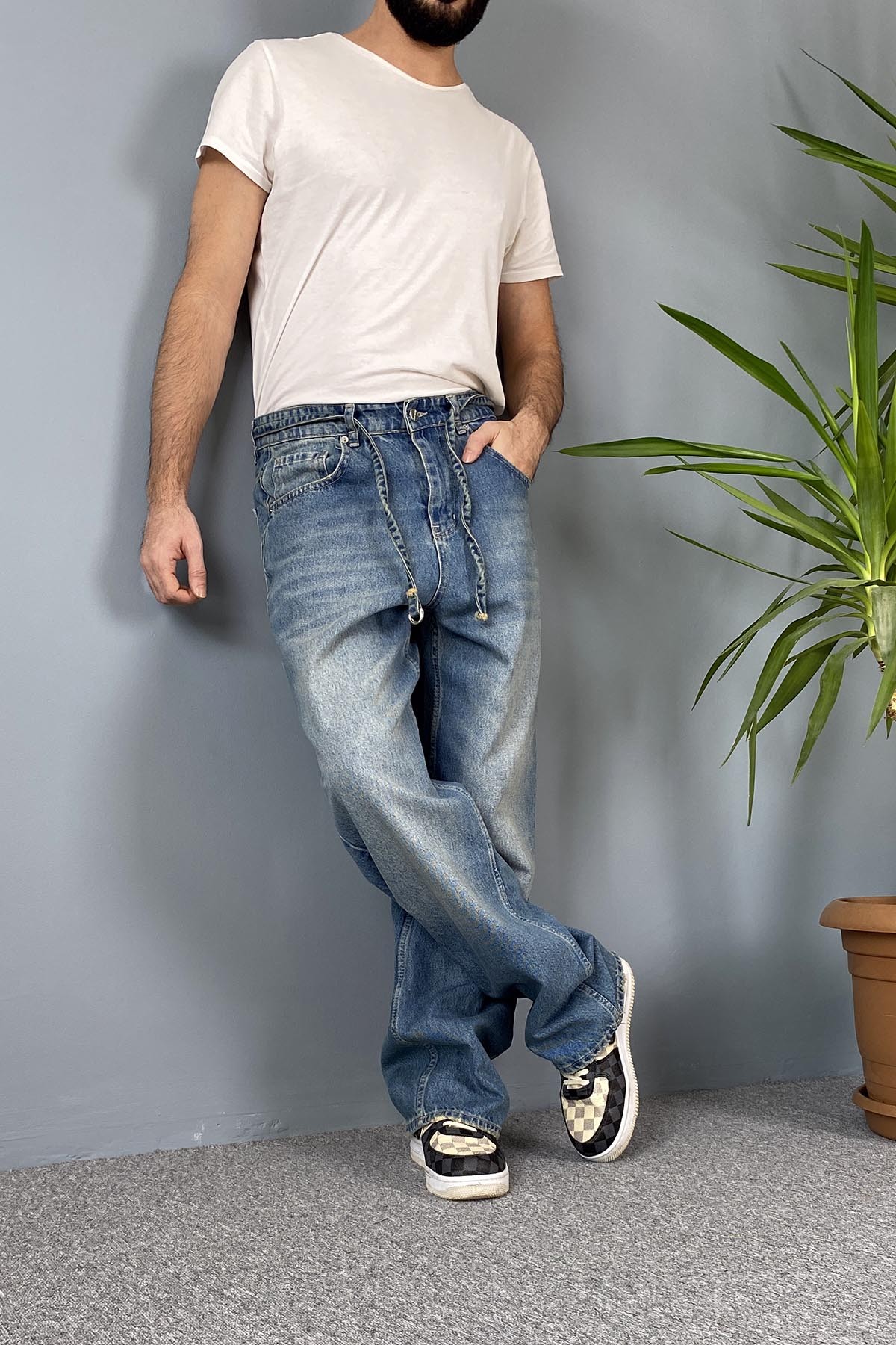  İp Kemerli Rahat Kesim Baggy Kot Pantolon Mavi