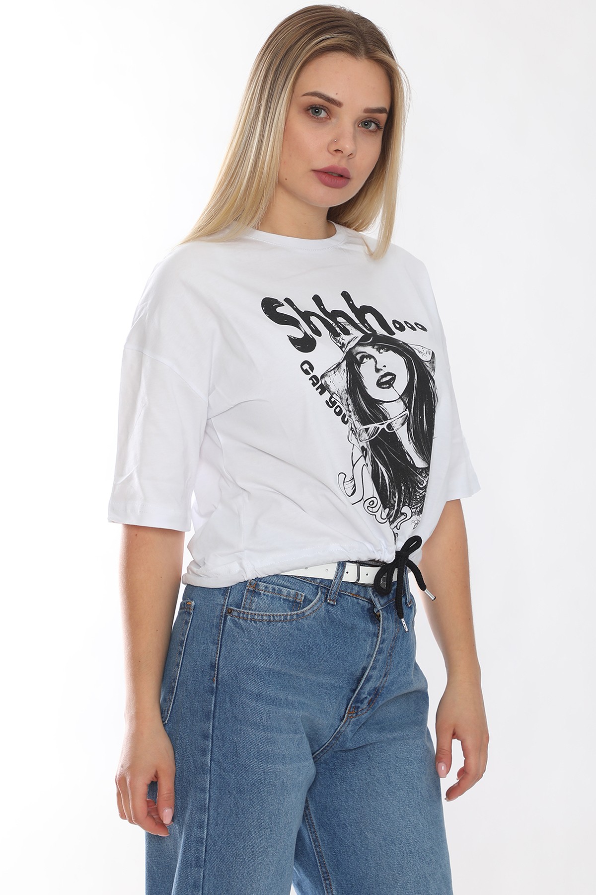 Kadin Kadın Desenli Bağlanabilir Crop Tişört