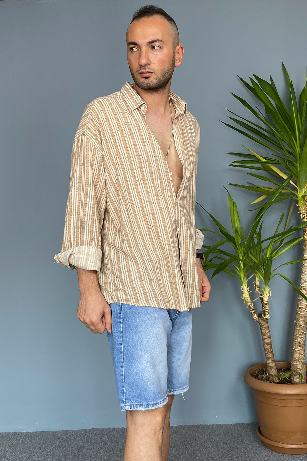  %100 Pamuk Yumuşak Dokulu Kahverengi Oversize Gömlek
