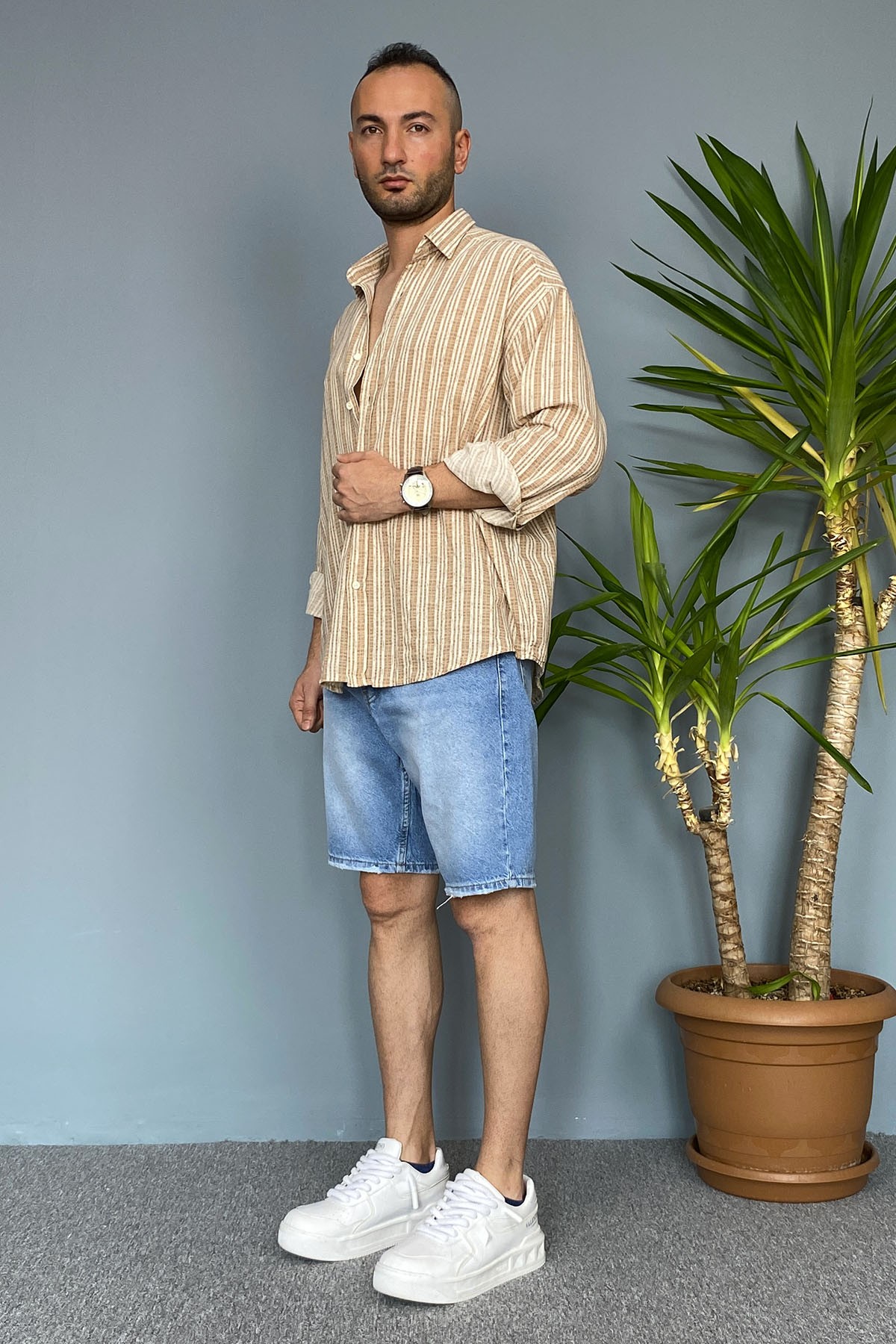  %100 Pamuk Yumuşak Dokulu Kahverengi Oversize Gömlek