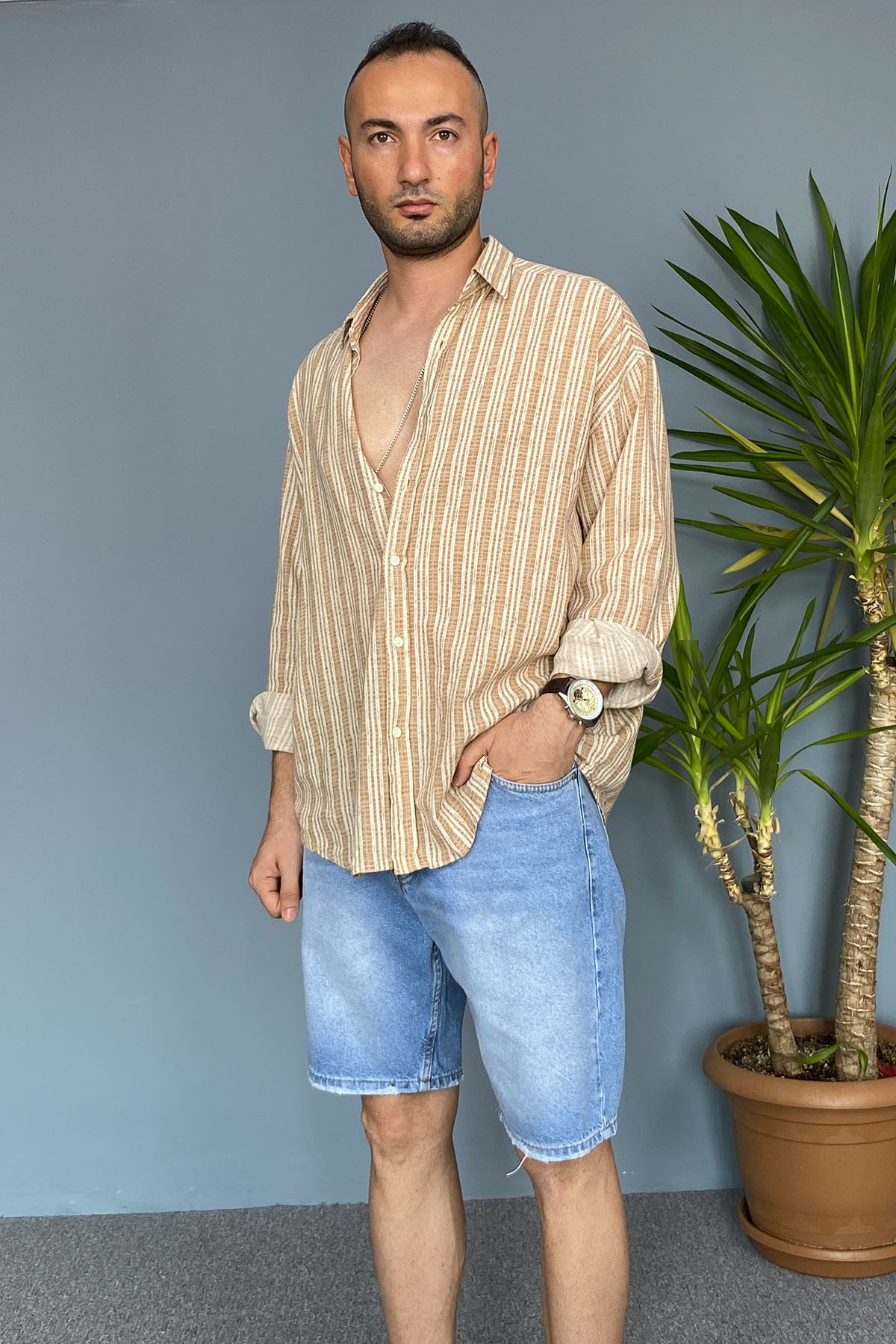  %100 Pamuk Yumuşak Dokulu Kahverengi Oversize Gömlek