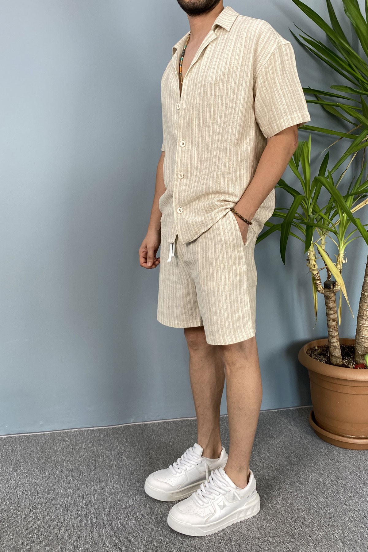  Kahverengi Oversize Gömlek Şort Keten Takım
