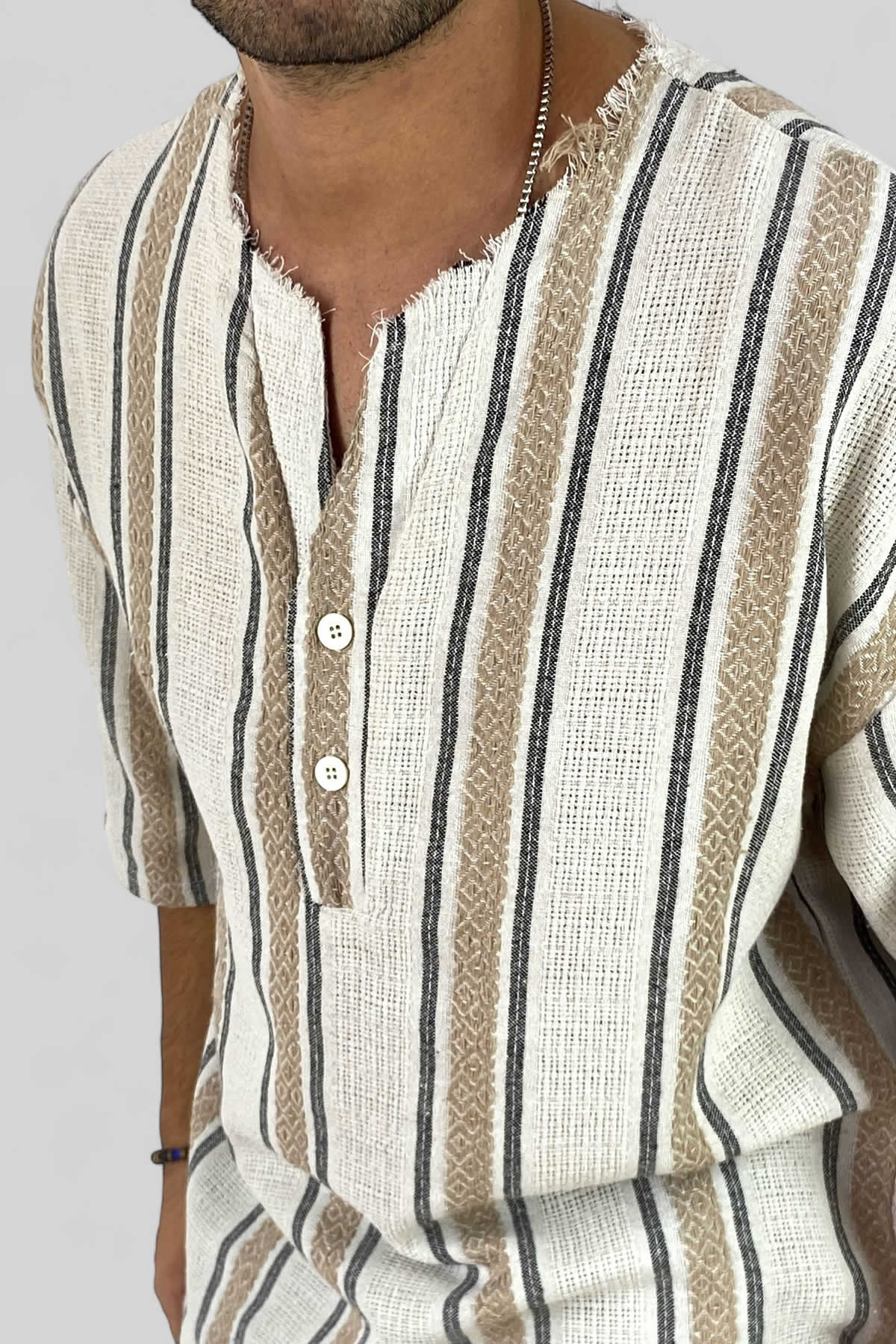  Kahverengi Oversize Yazlık Keten Yarım Gömlek