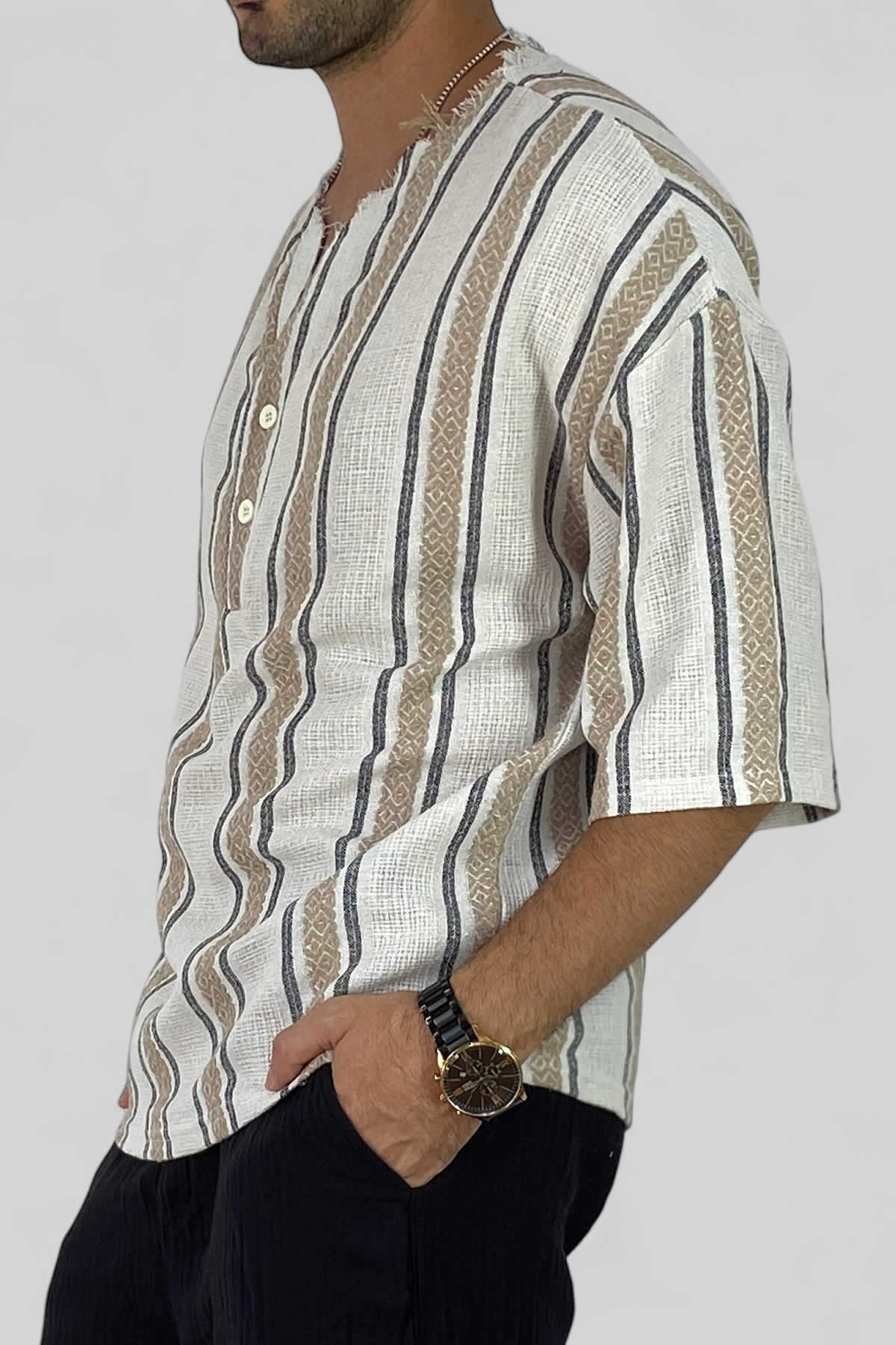  Kahverengi Oversize Yazlık Keten Yarım Gömlek
