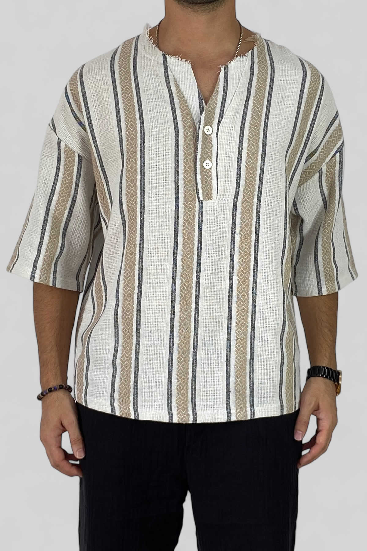  Kahverengi Oversize Yazlık Keten Yarım Gömlek