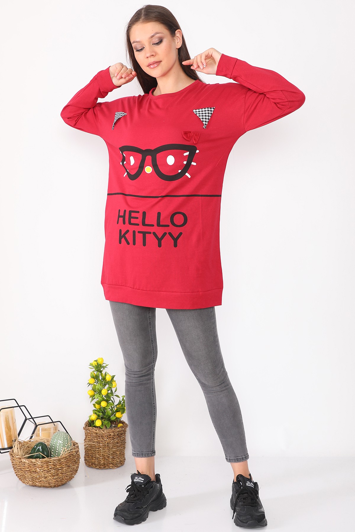 Kadin Karakter Baskılı Salaş Tasarım Kırmızı Uzun Kadın Sweatshirt
