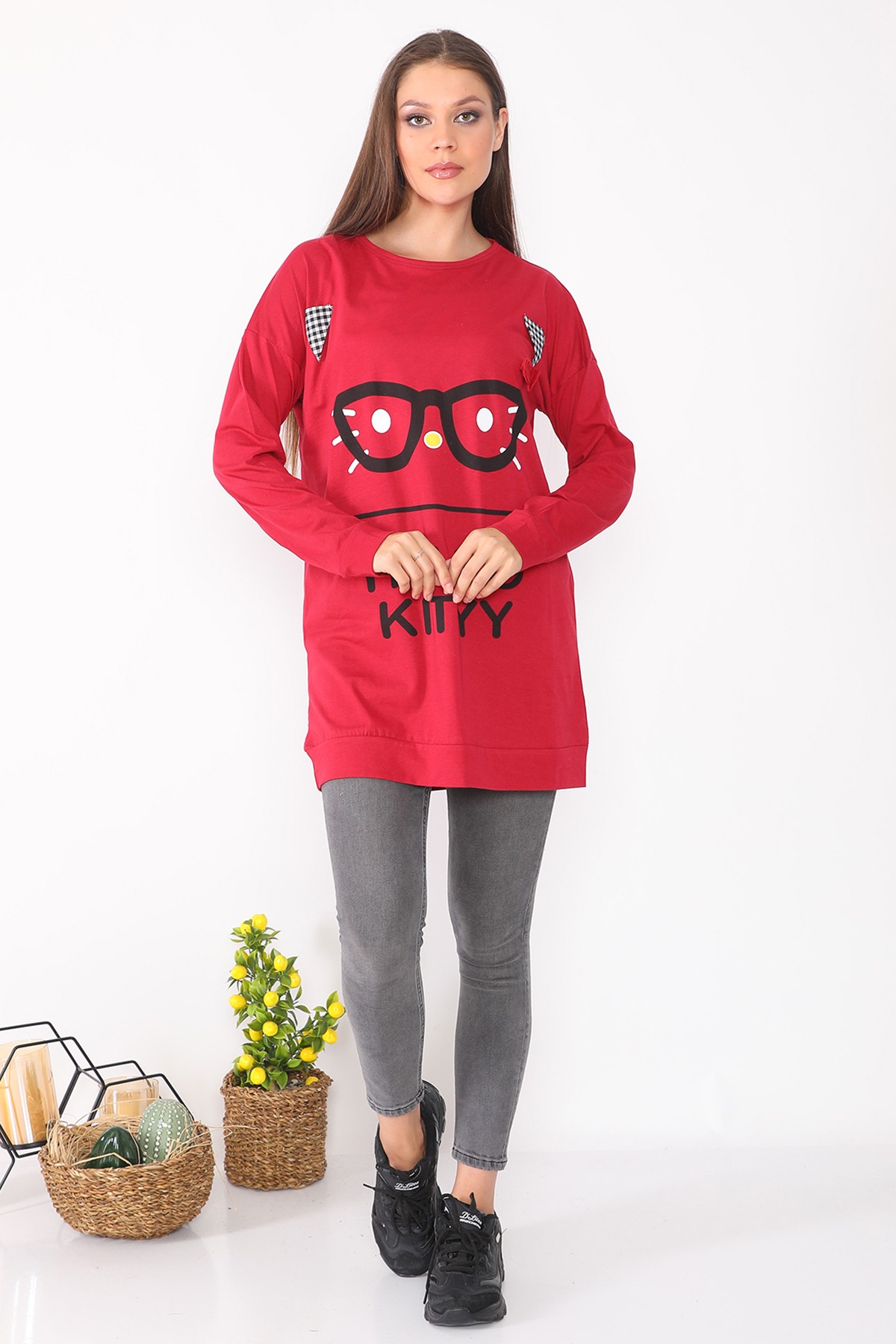 Kadin Karakter Baskılı Salaş Tasarım Kırmızı Uzun Kadın Sweatshirt