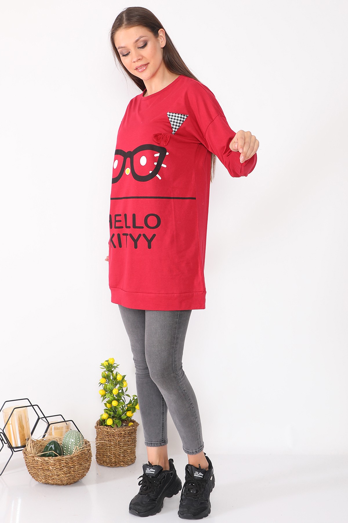Kadin Karakter Baskılı Salaş Tasarım Kırmızı Uzun Kadın Sweatshirt
