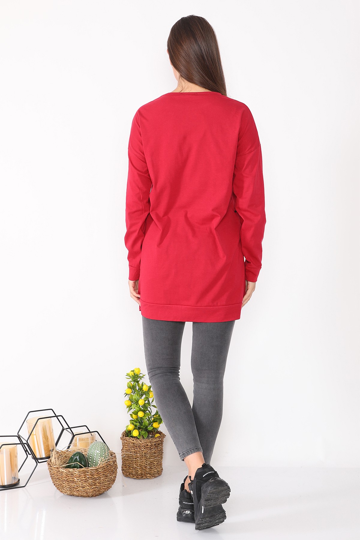 Kadin Karakter Baskılı Salaş Tasarım Kırmızı Uzun Kadın Sweatshirt