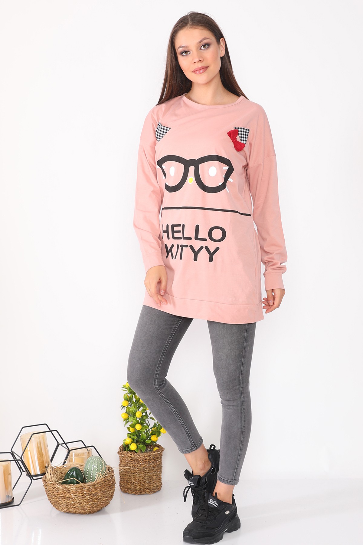 Kadin Karakter Baskılı Salaş Tasarım Pudra Uzun Kadın Sweatshirt