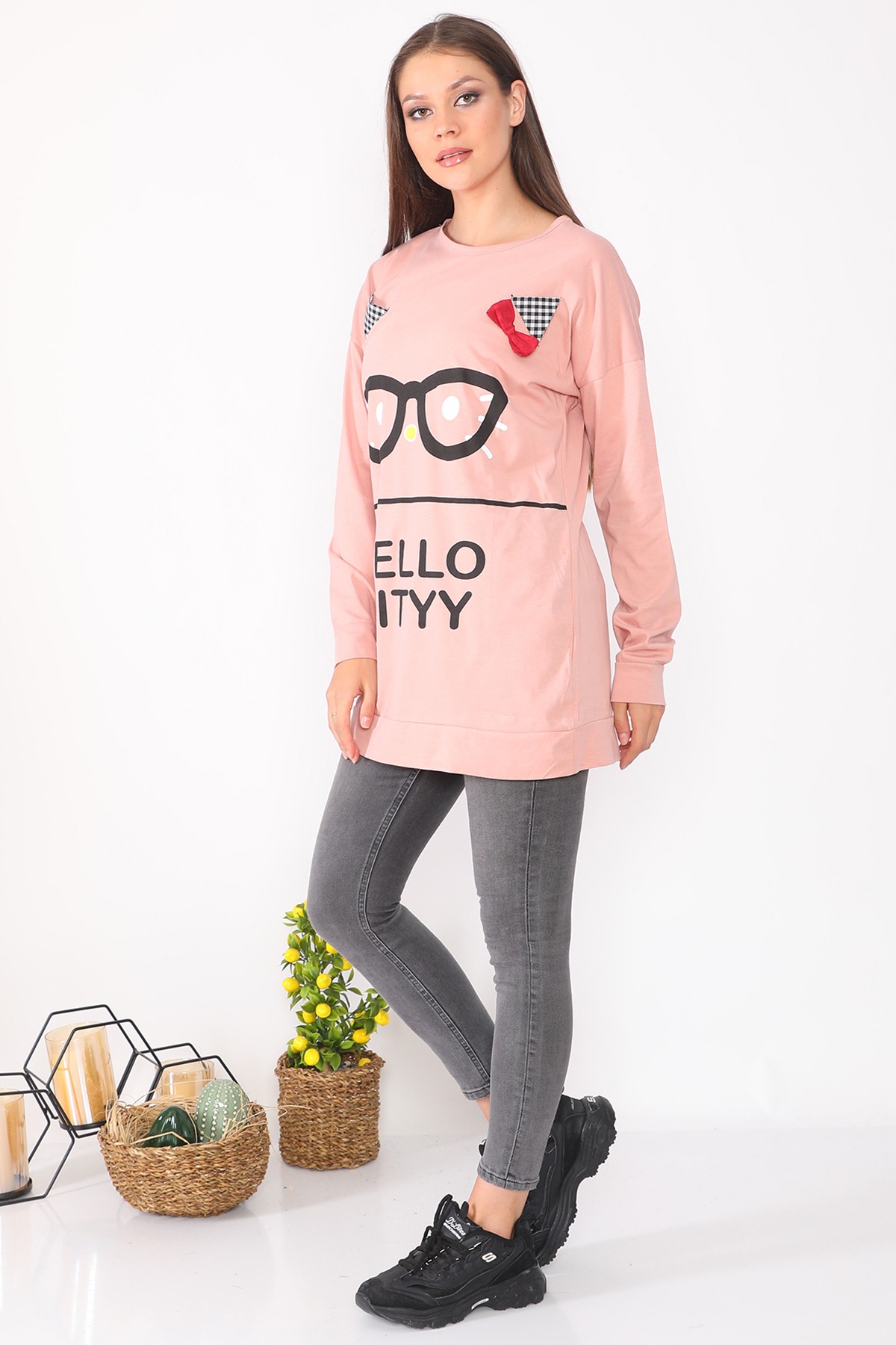 Kadin Karakter Baskılı Salaş Tasarım Pudra Uzun Kadın Sweatshirt