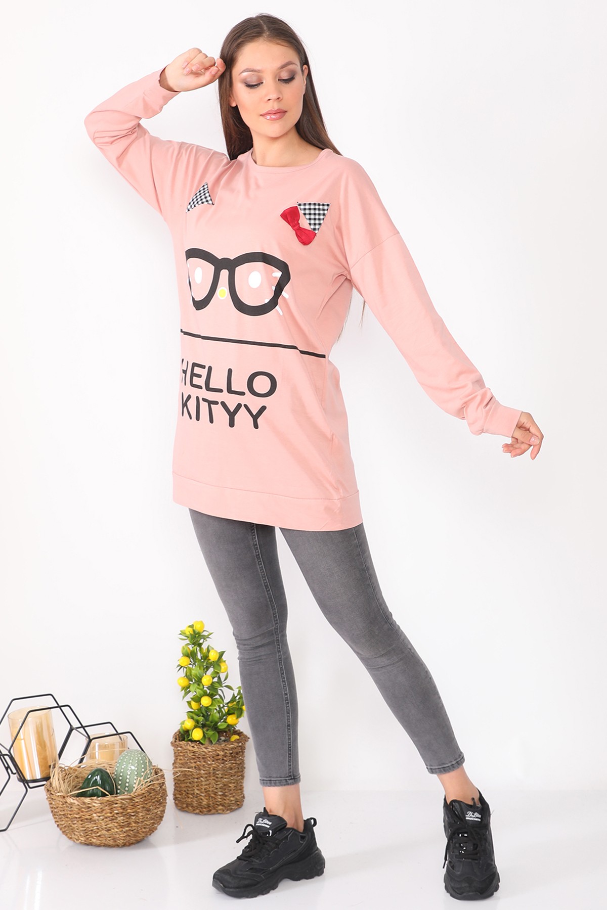 Kadin Karakter Baskılı Salaş Tasarım Pudra Uzun Kadın Sweatshirt