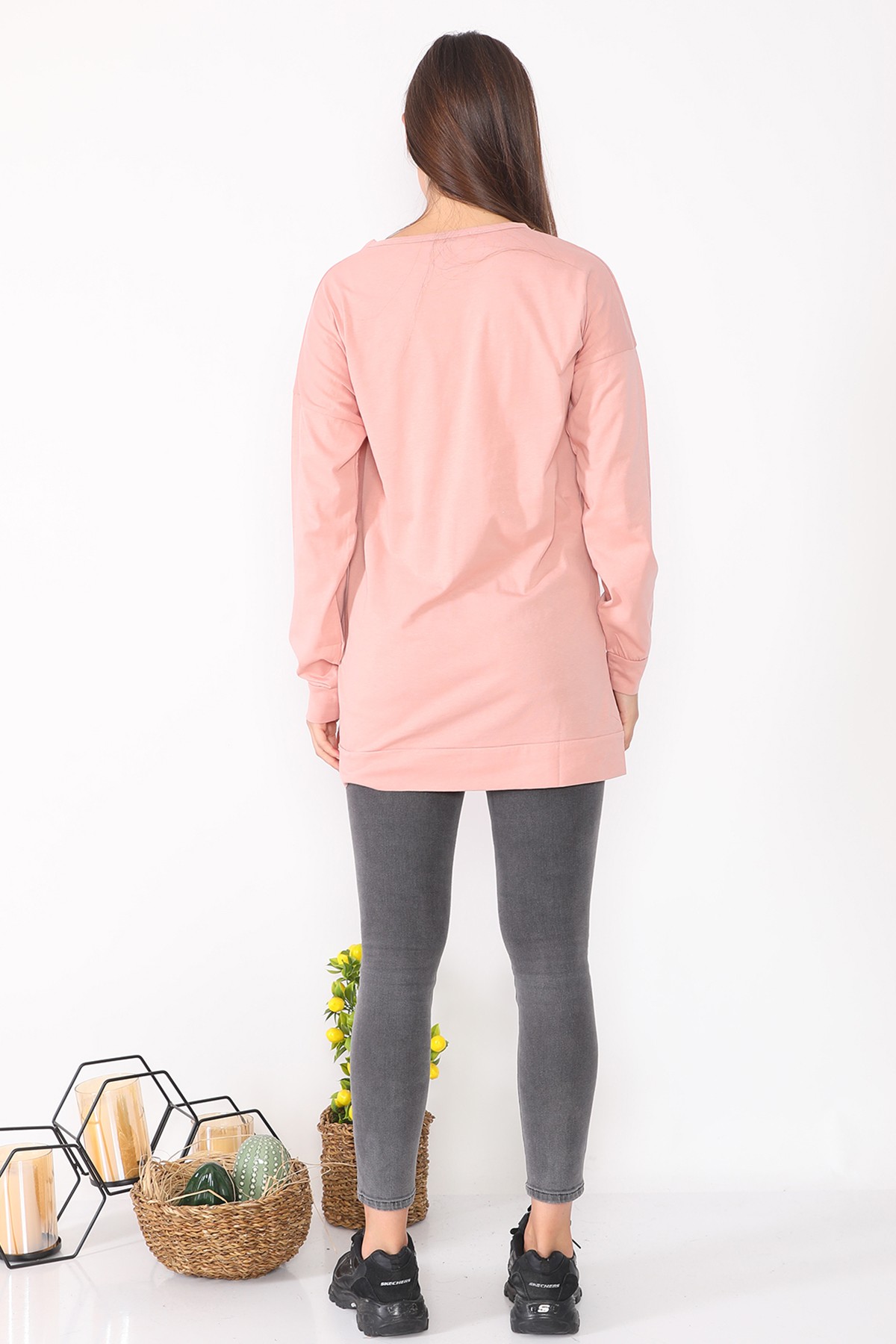 Kadin Karakter Baskılı Salaş Tasarım Pudra Uzun Kadın Sweatshirt