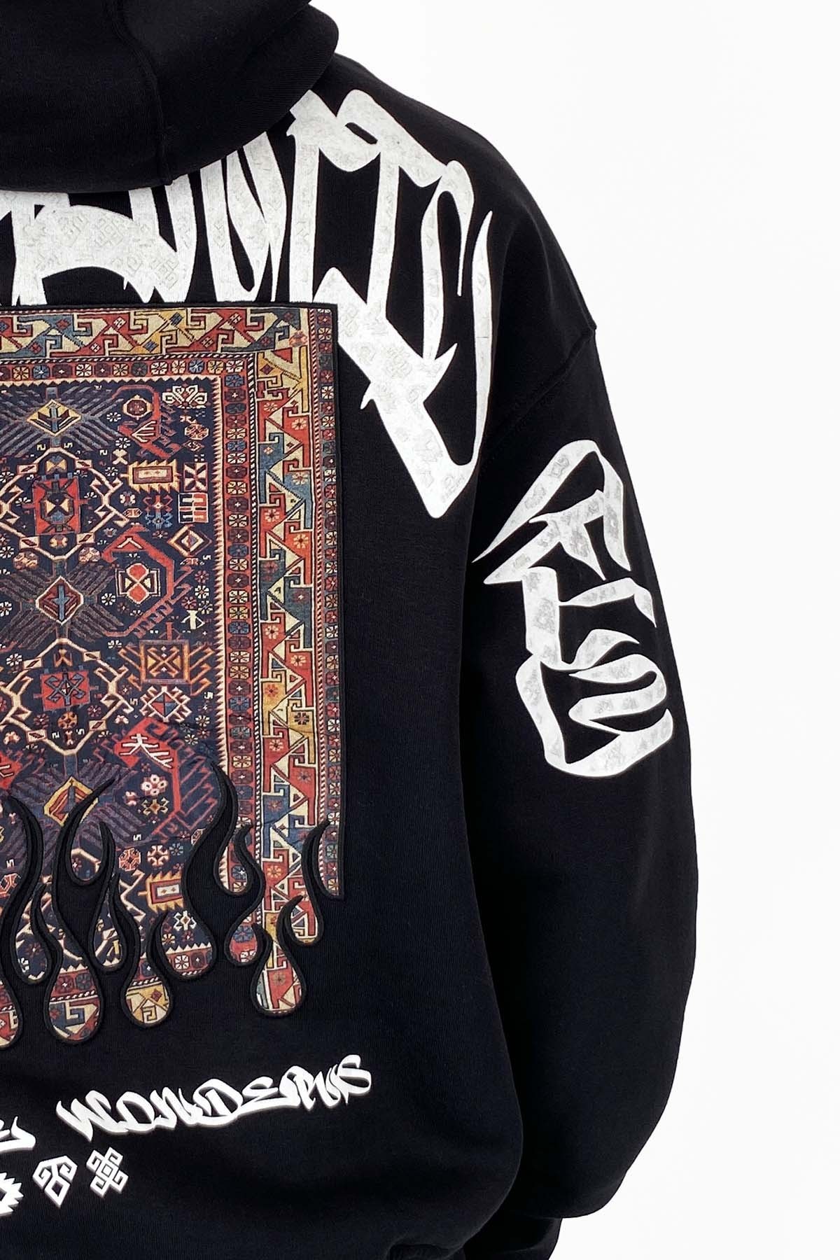  Kilim İşlemeli Oversize Siyah Kapüşonlu Sweatshirt
