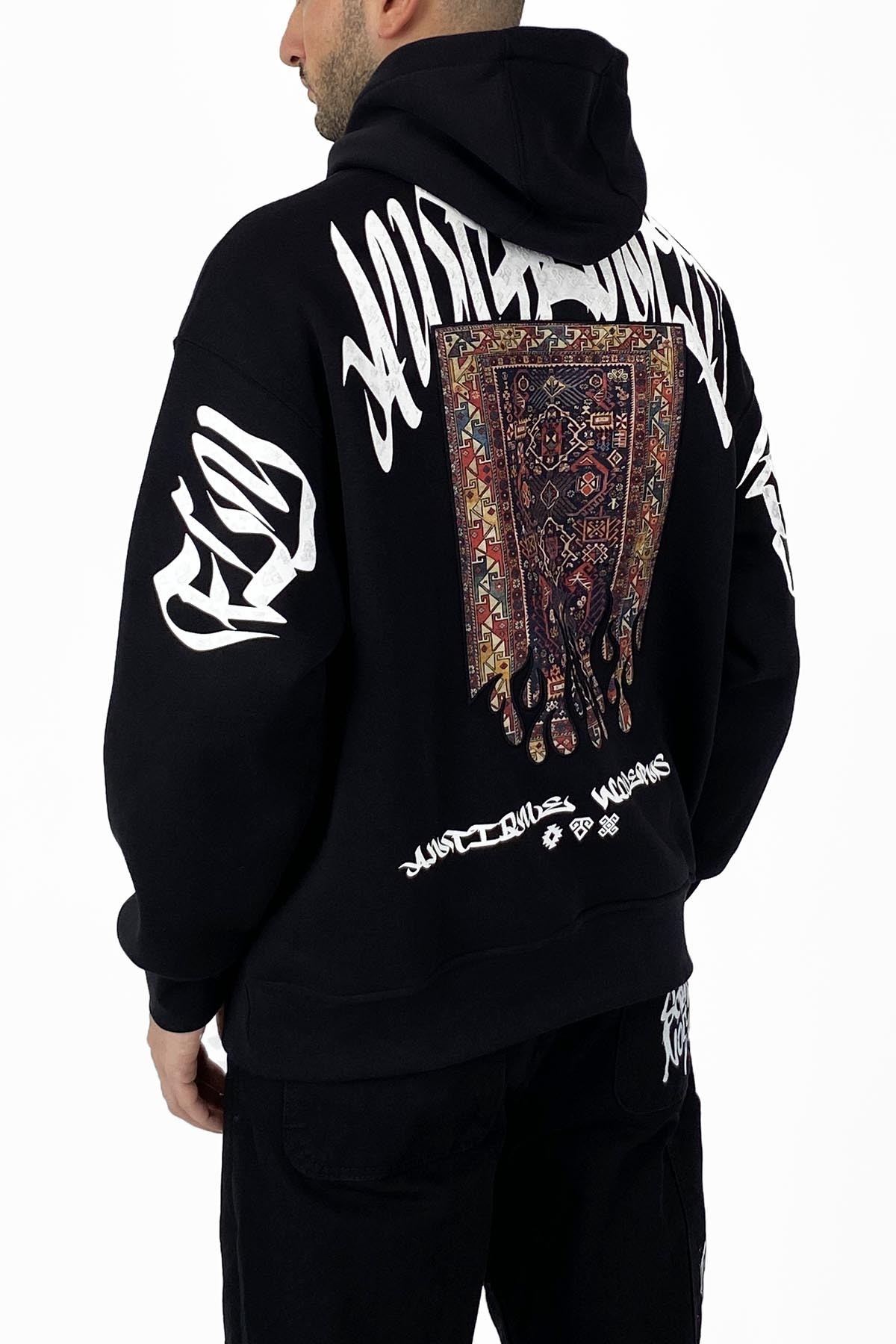  Kilim İşlemeli Oversize Siyah Kapüşonlu Sweatshirt