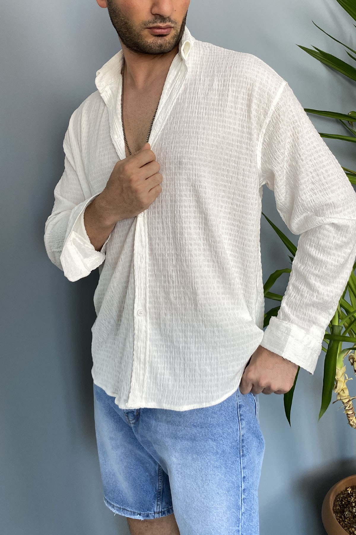  Kırinkıl Kumaş Oversize Yumuşak Dokulu Beyaz Gömlek