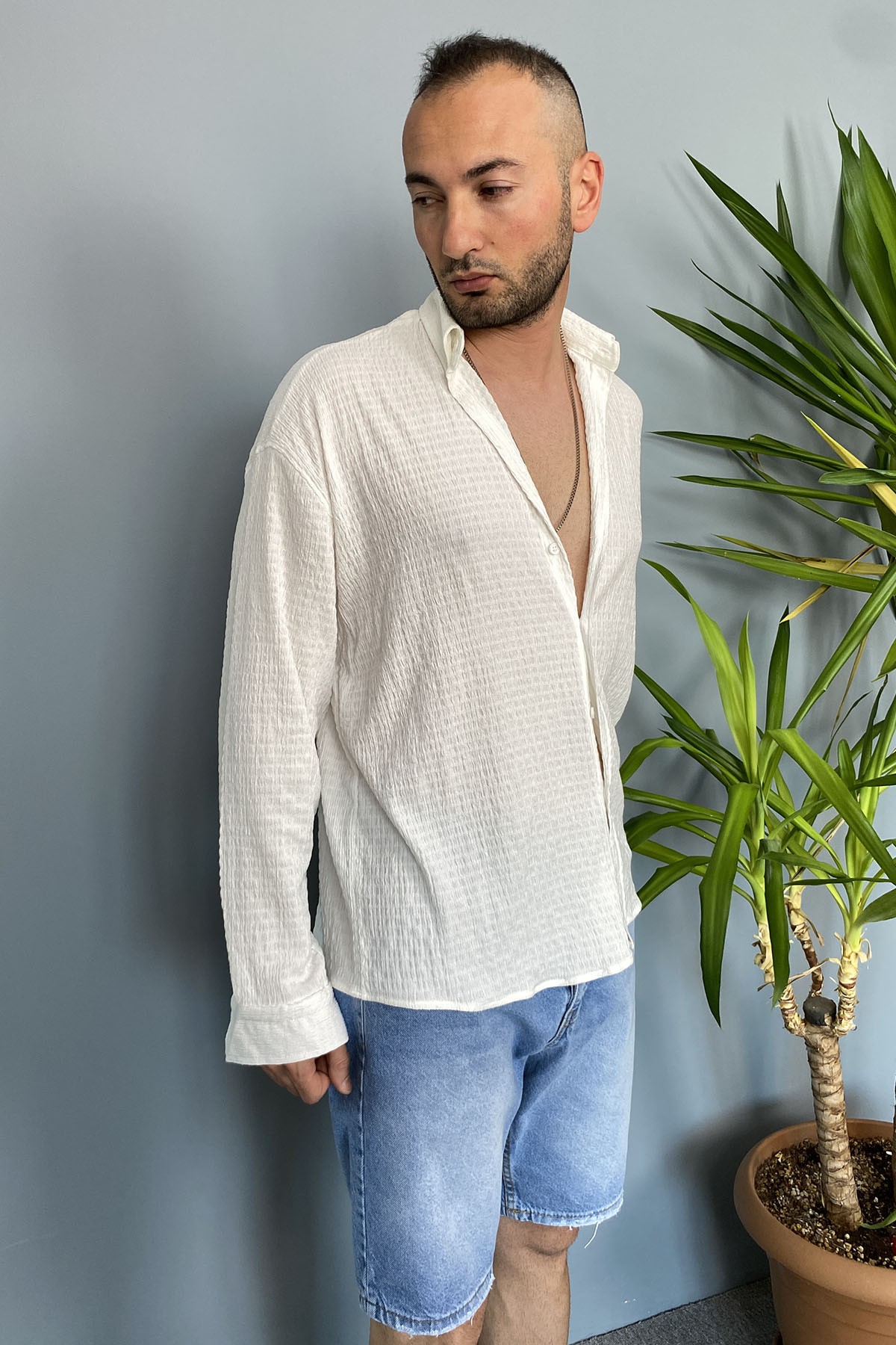  Kırinkıl Kumaş Oversize Yumuşak Dokulu Beyaz Gömlek