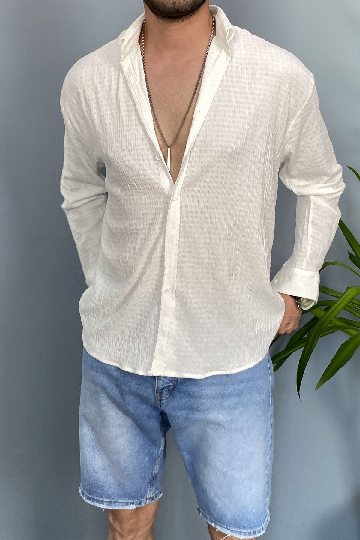  Kırinkıl Kumaş Oversize Yumuşak Dokulu Beyaz Gömlek