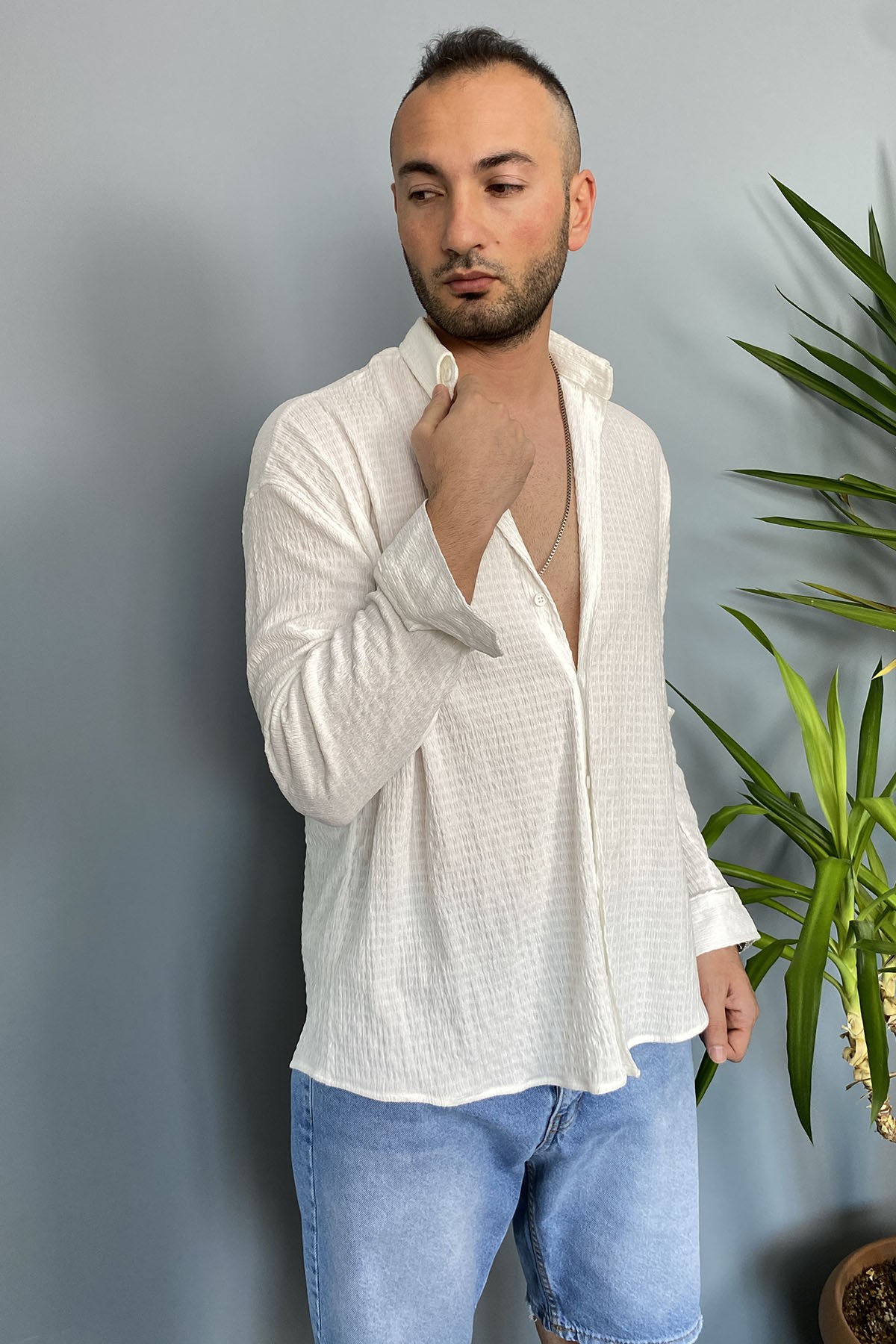  Kırinkıl Kumaş Oversize Yumuşak Dokulu Beyaz Gömlek