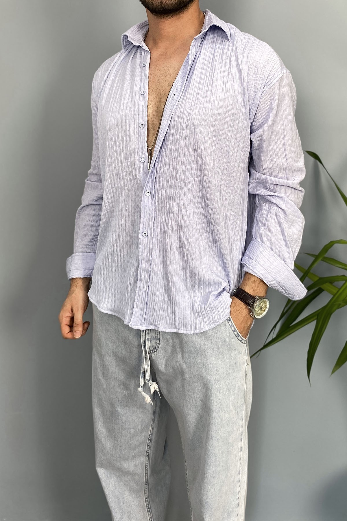  Kırinkıl Kumaş Oversize Yumuşak Dokulu Mavi Gömlek