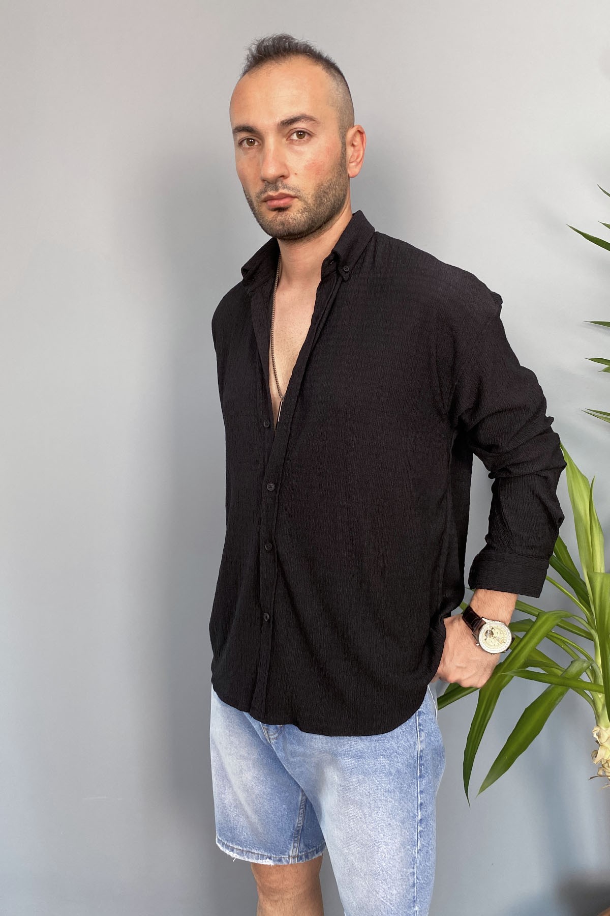  Kırinkıl Kumaş Oversize Yumuşak Dokulu Siyah Gömlek