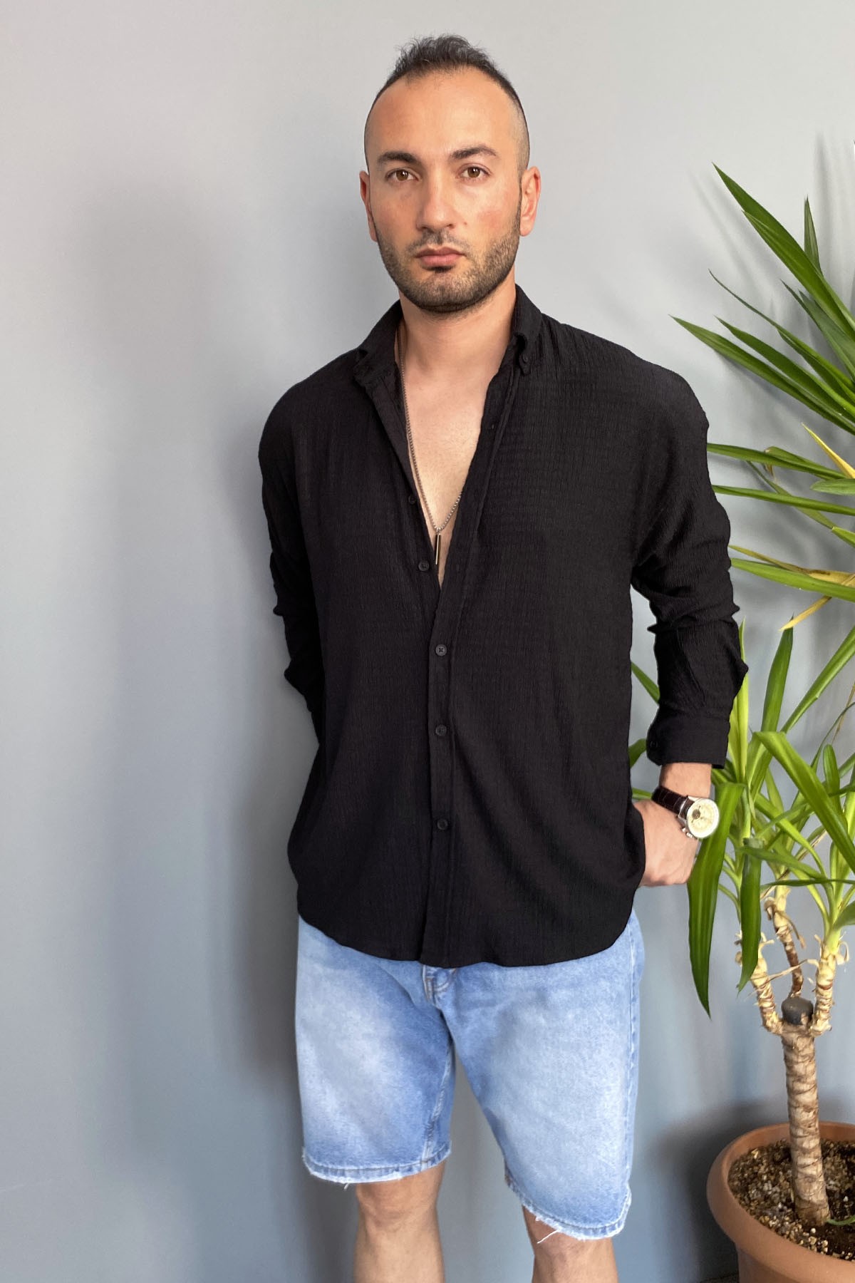  Kırinkıl Kumaş Oversize Yumuşak Dokulu Siyah Gömlek