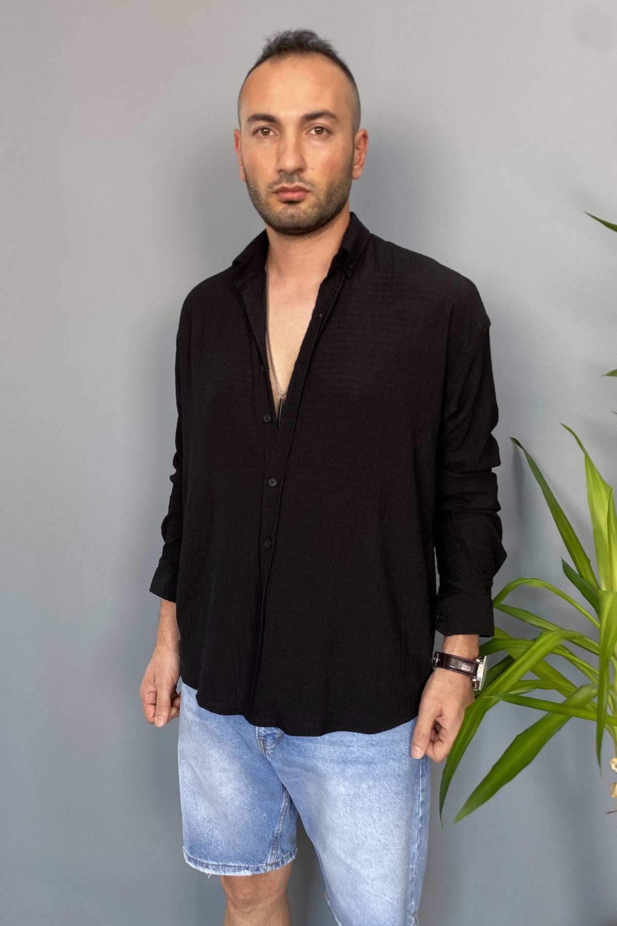  Kırinkıl Kumaş Oversize Yumuşak Dokulu Siyah Gömlek