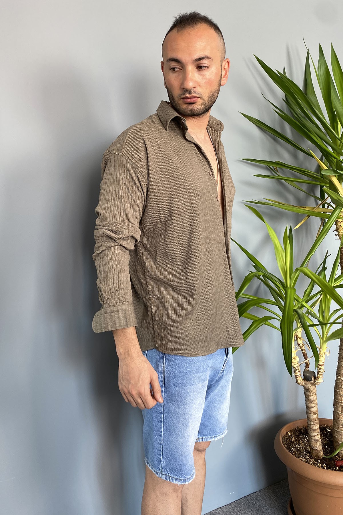  Kırinkıl Kumaş Oversize Yumuşak Dokulu Vizon Gömlek
