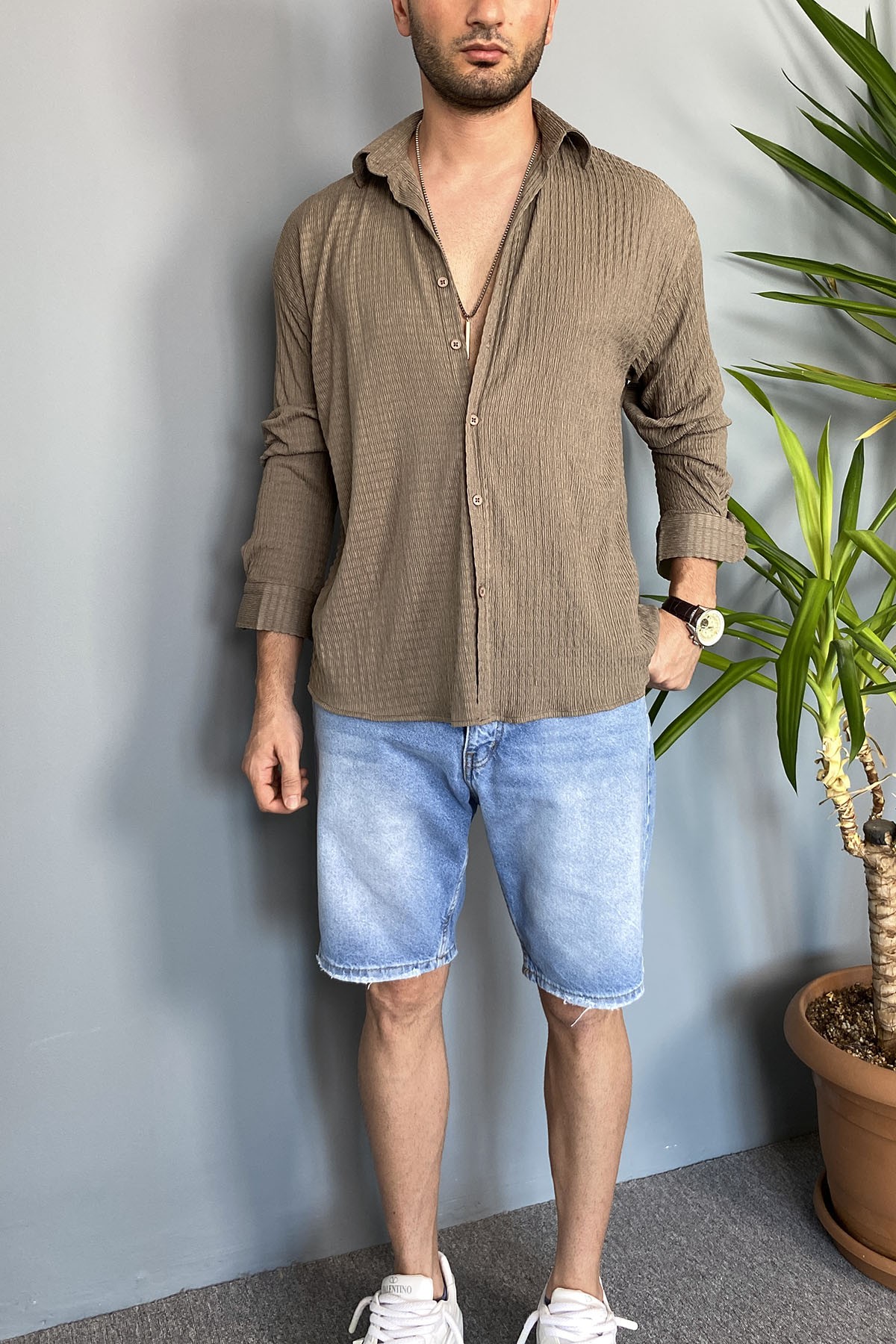  Kırinkıl Kumaş Oversize Yumuşak Dokulu Vizon Gömlek