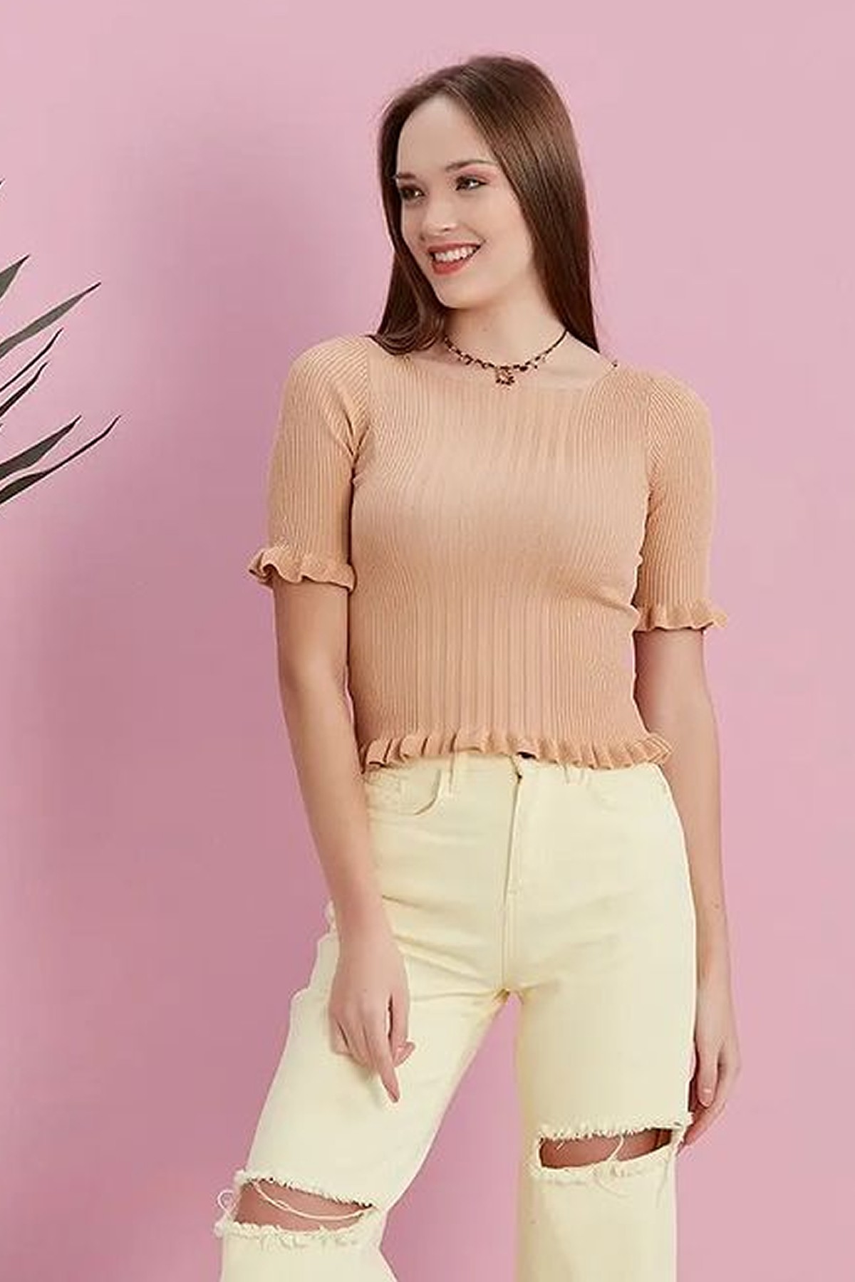 Erkek Kısa Kol Fırfırlı Triko Bluz Bej Rengi