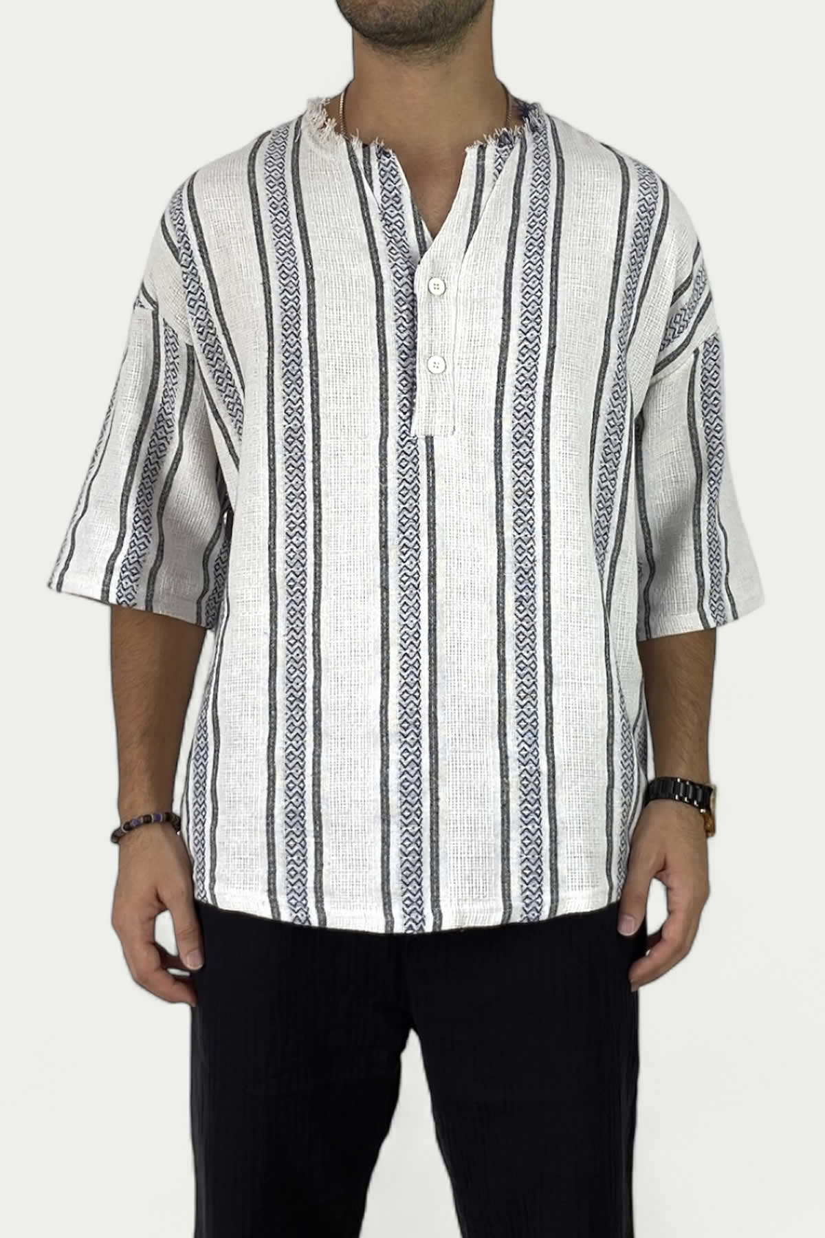  Mavi Oversize Yazlık Keten Yarım Gömlek