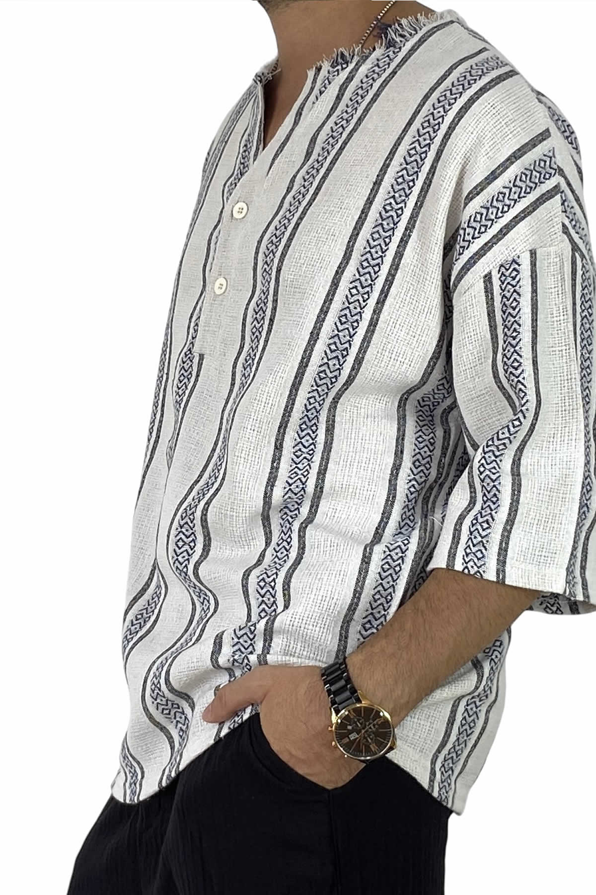  Mavi Oversize Yazlık Keten Yarım Gömlek